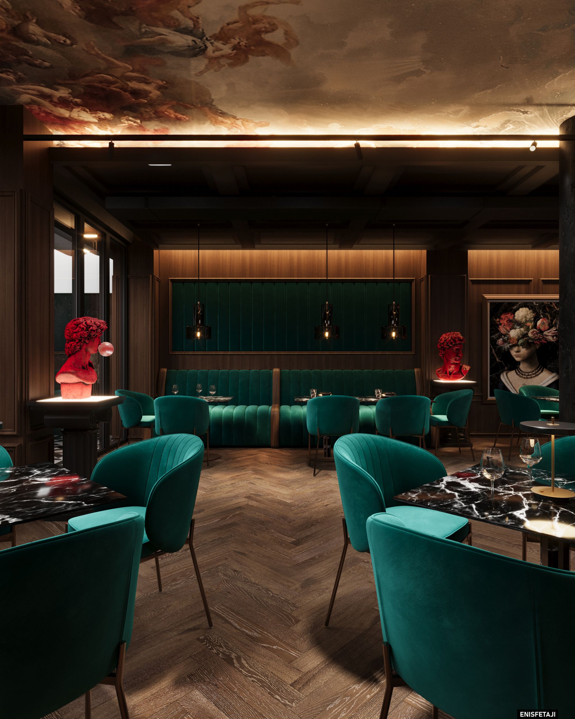 Seating area with teal chairs, marble tables and painted ceiling, Turquoise Lounge in Gostivar