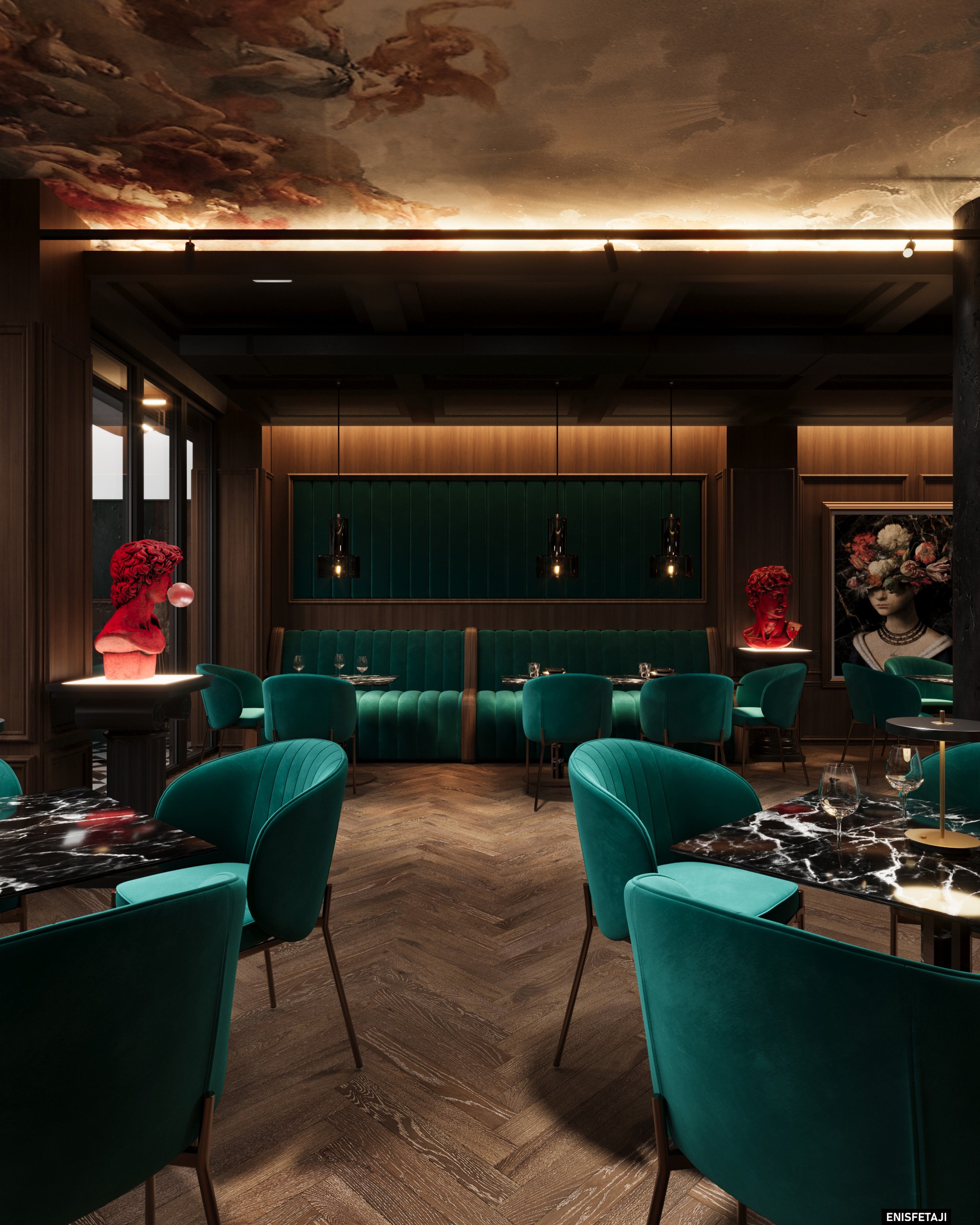 Seating area with teal chairs, marble tables and painted ceiling, Turquoise Lounge in Gostivar