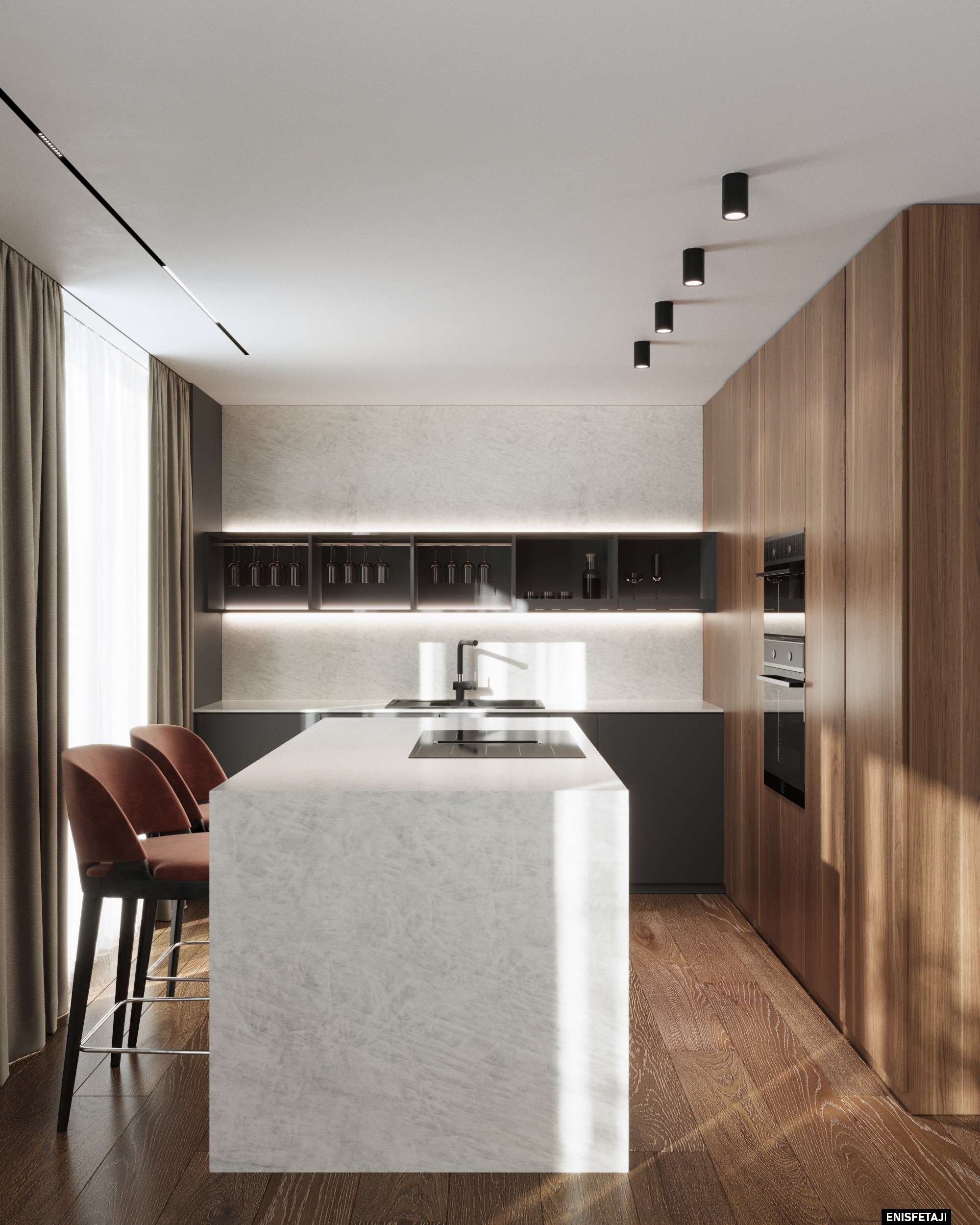 Kitchen with white marble island, wood cabinets and rust bar stools, residence in Goldach, Switzerland