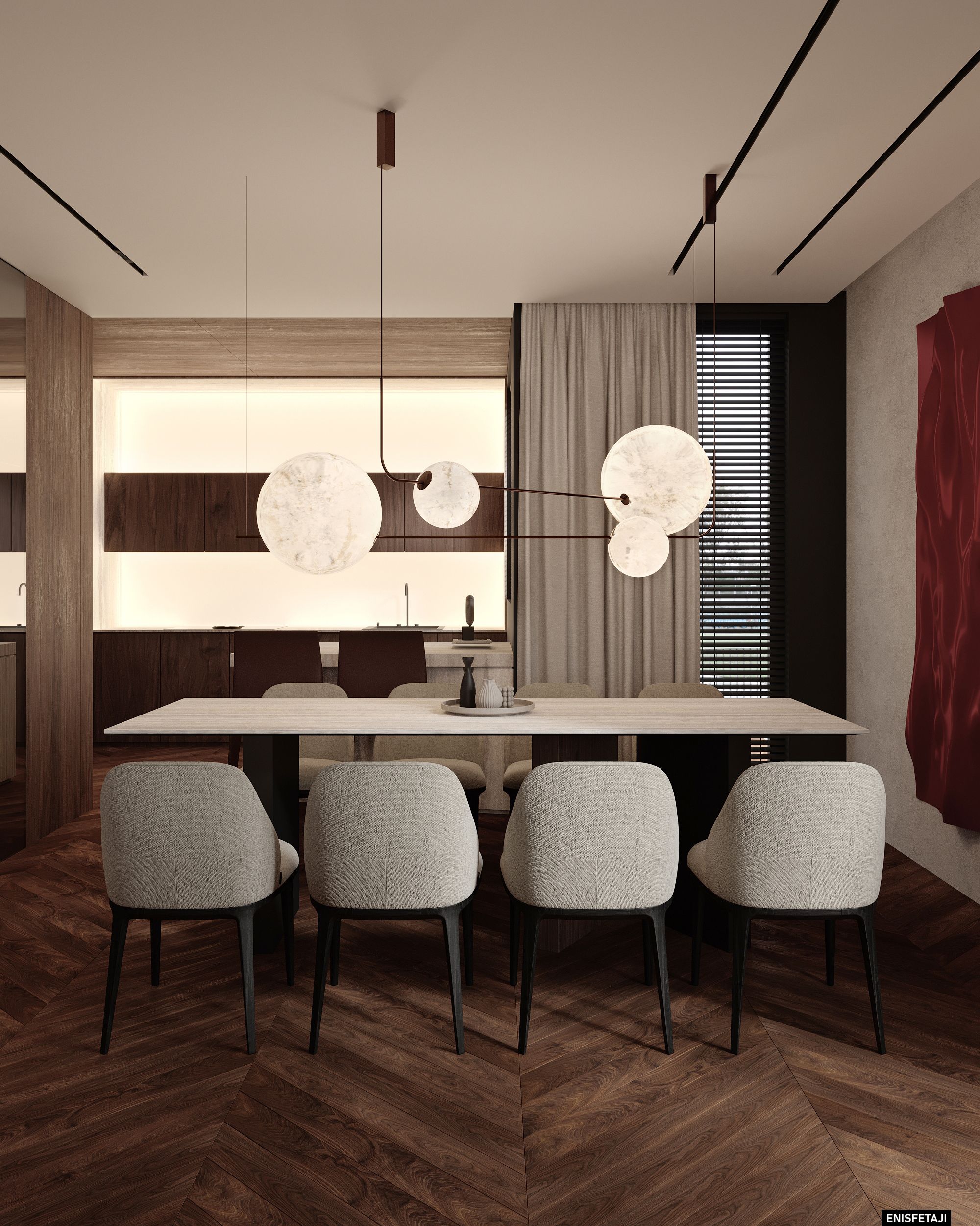 Dining table with grey chairs and moon pendant lights, Shega20 house in Tetovo