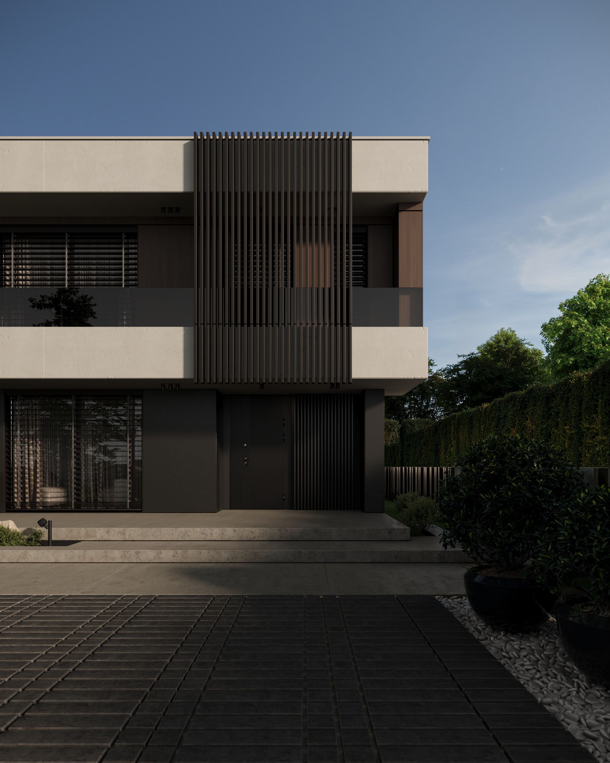 Entrance with vertical slats and paved path, B House in Gostivar