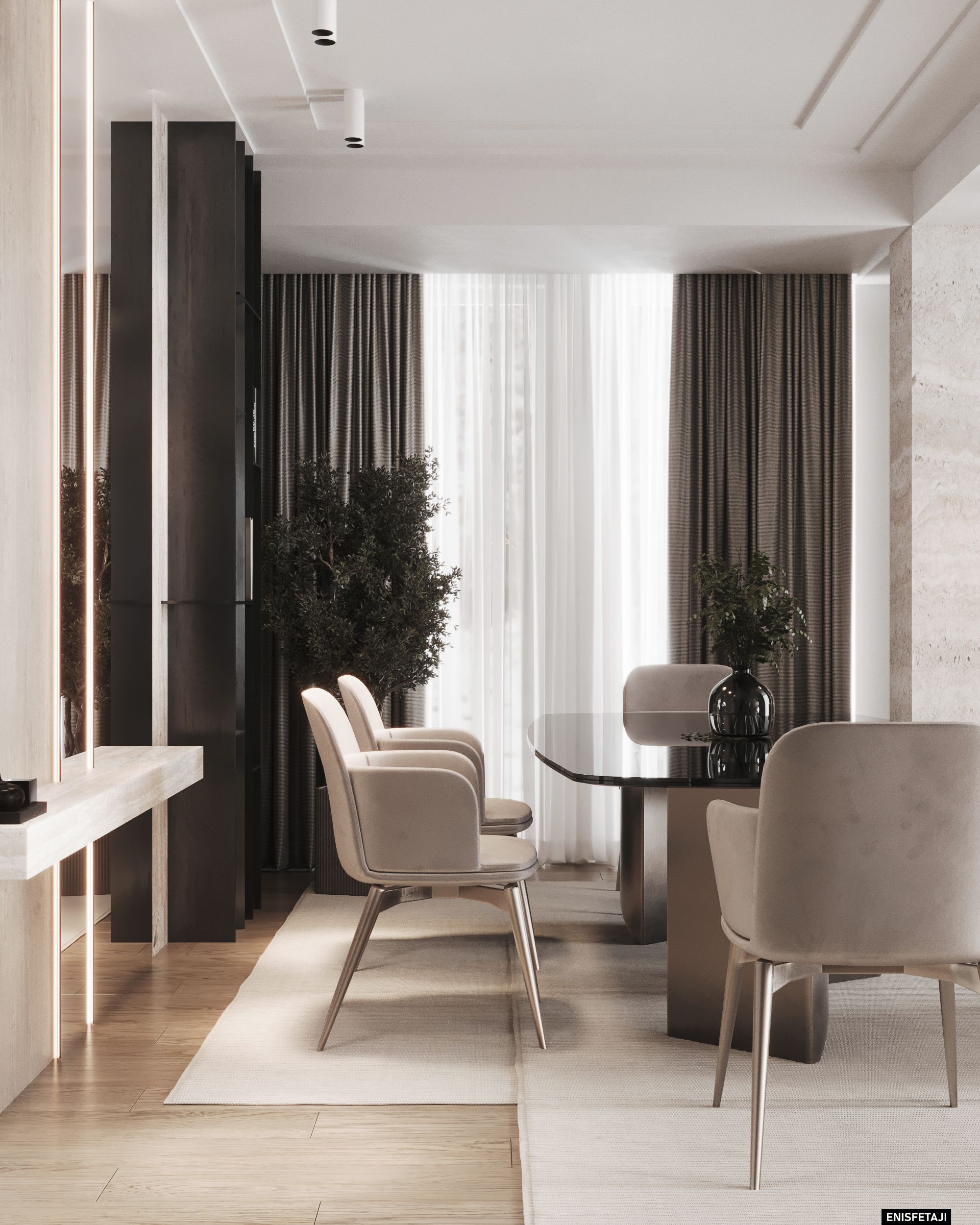 Dining area with beige chairs and dark wood columns, Travertine House in Tetovo