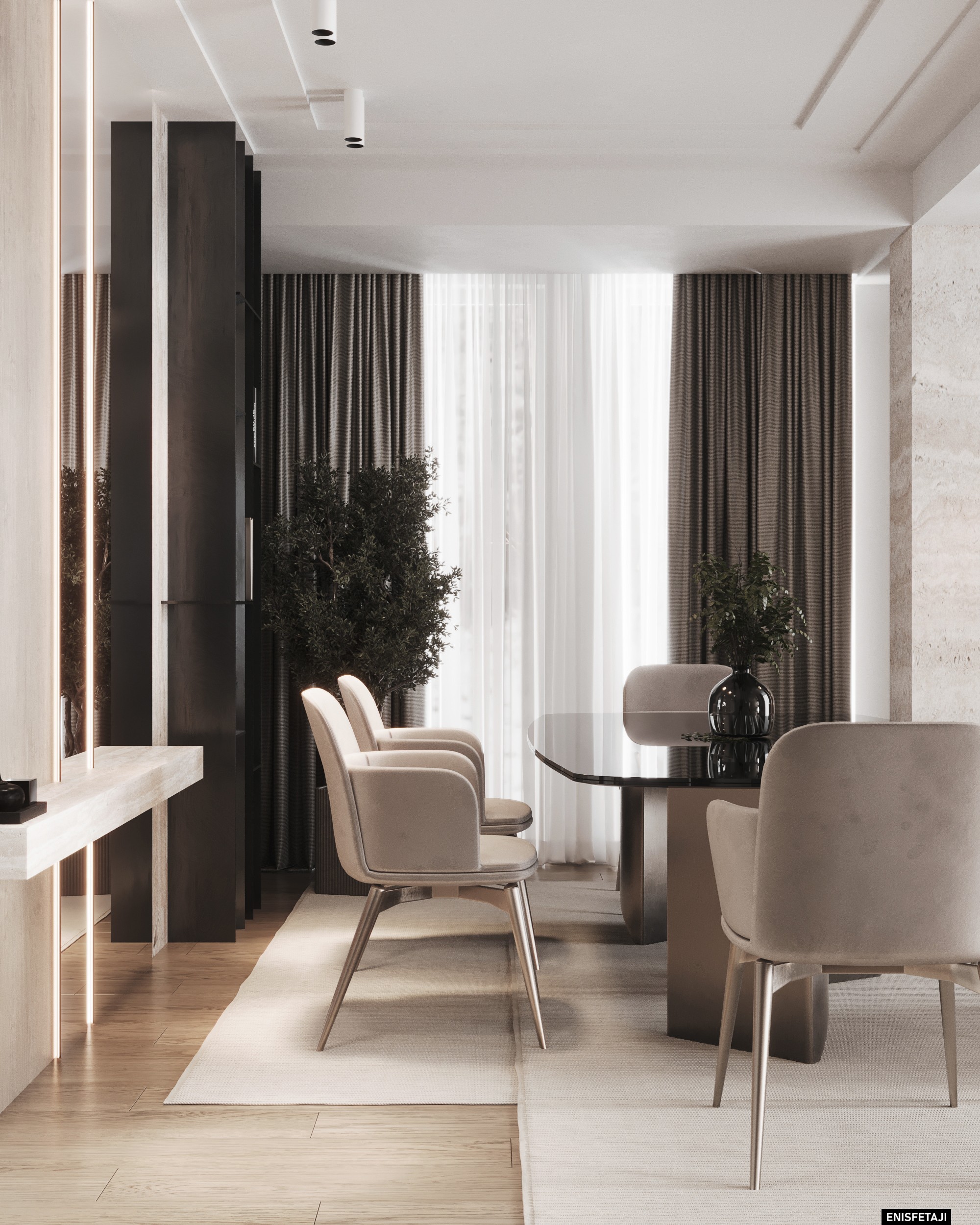 Dining area with beige chairs and dark wood columns, Travertine House in Tetovo