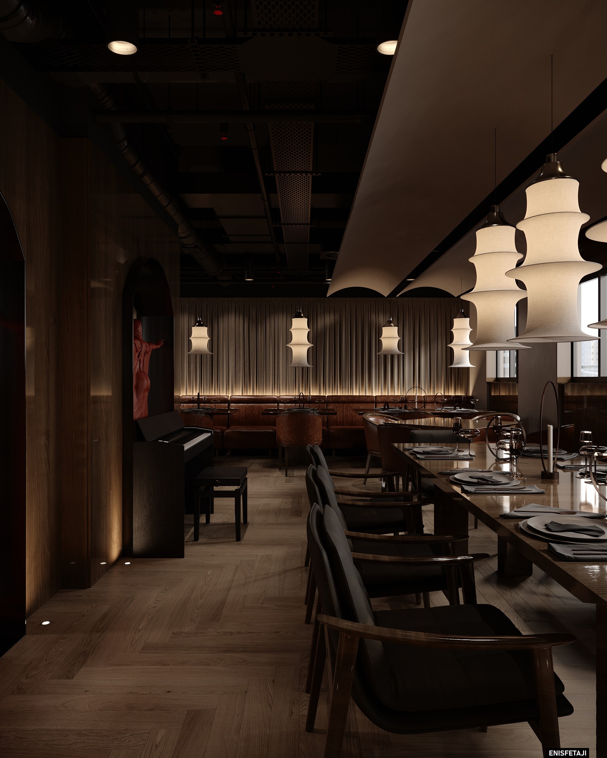 Long tables with leather chairs and lantern lights, restaurant in Zurich