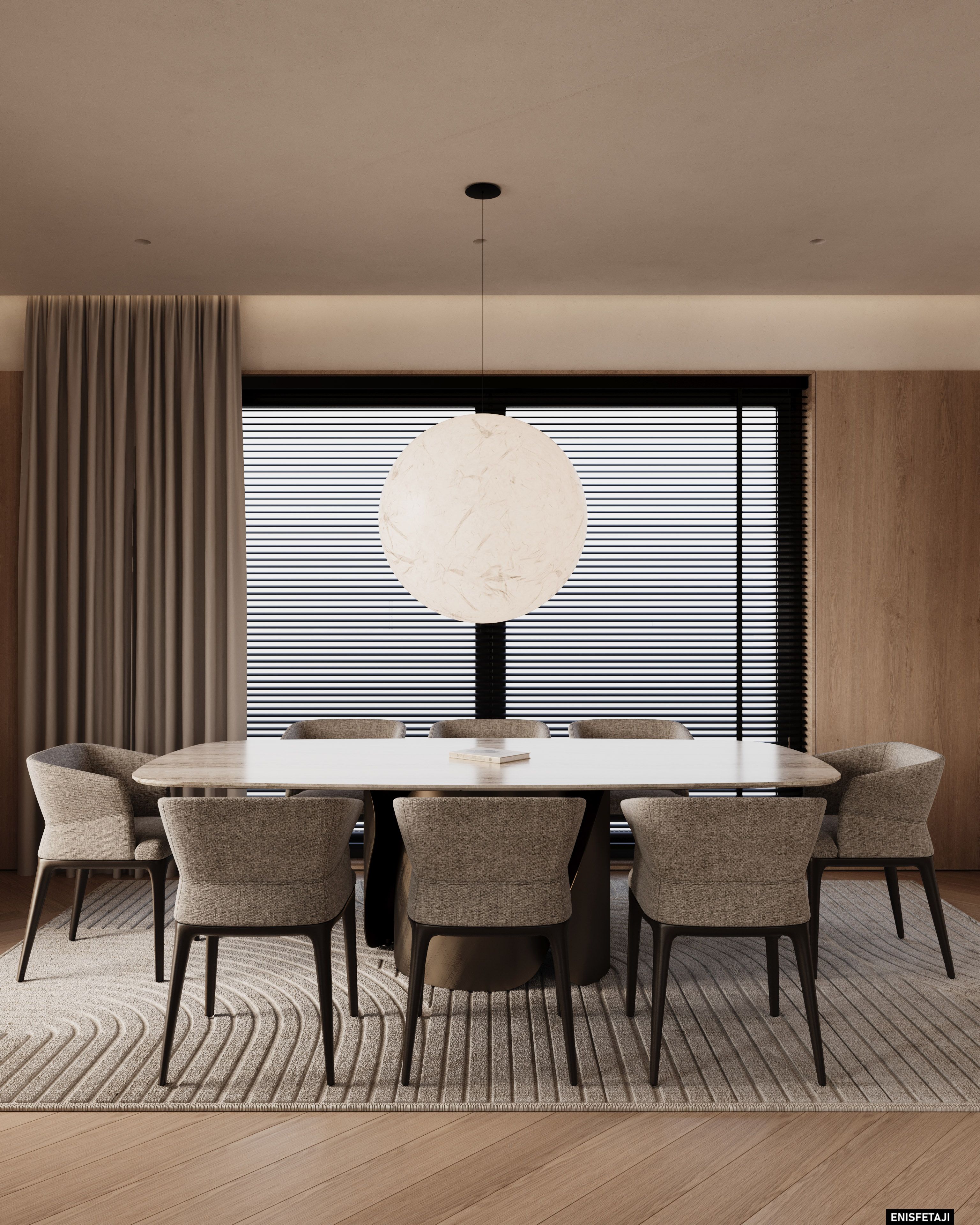 Dining table with beige chairs under a paper globe pendant, Cream House in Gostivar