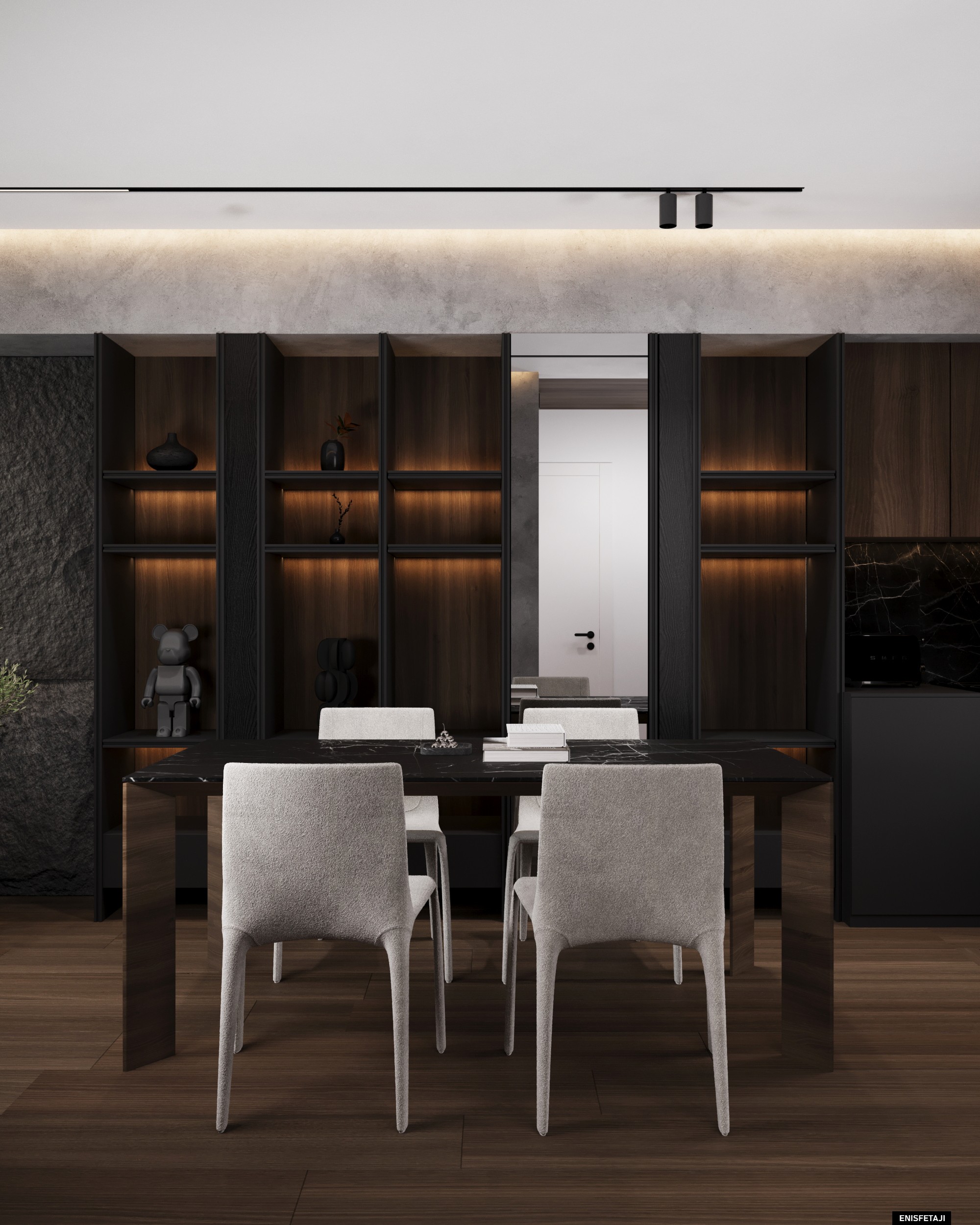 Dining area with white chairs and backlit black shelving, apartment SK65 in Skopje