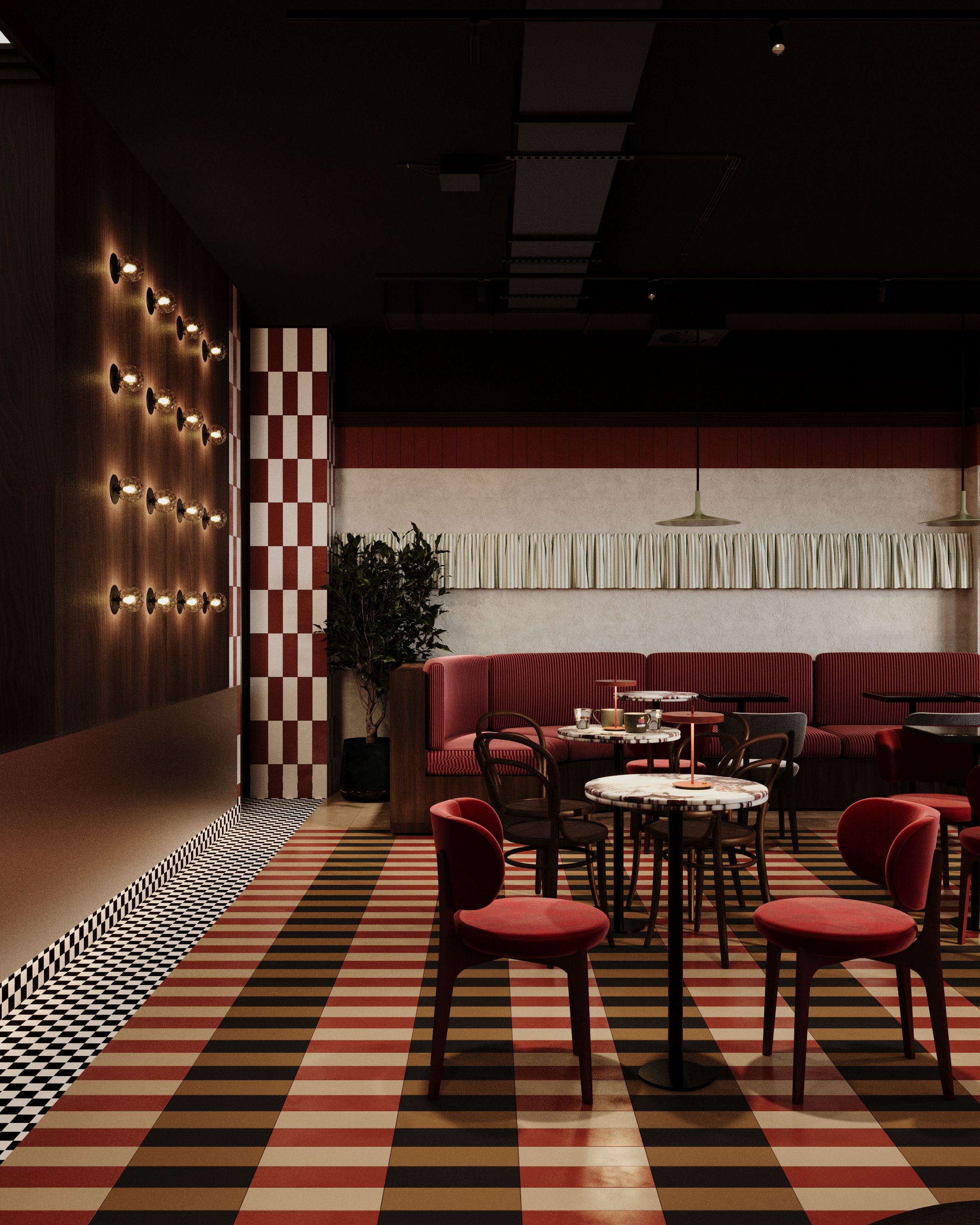 Interior with red banquette, round tables and striped floor, Garden Sweetshop in Gostivar