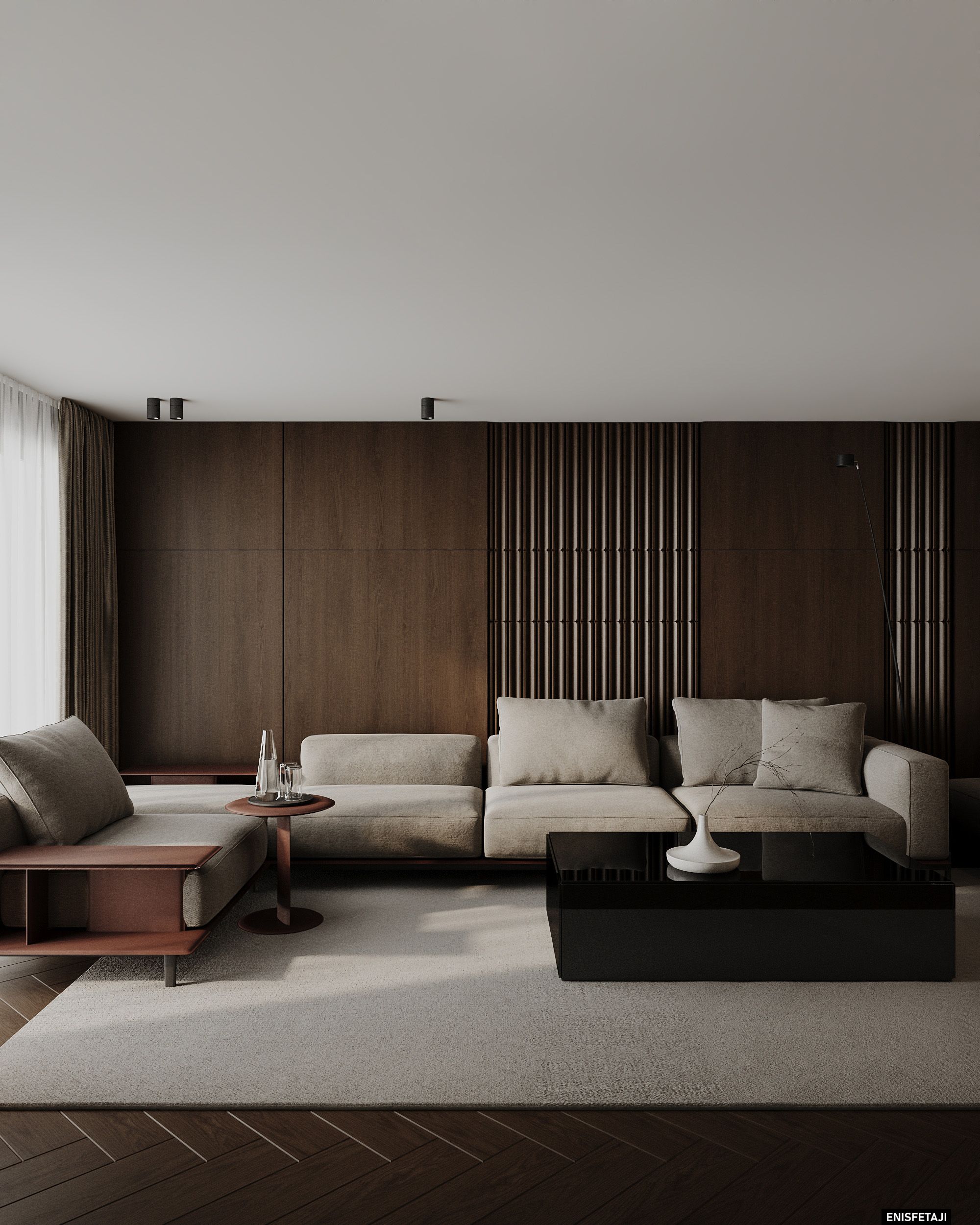 Living room with beige sofa and slatted wood wall, residence in Prilep