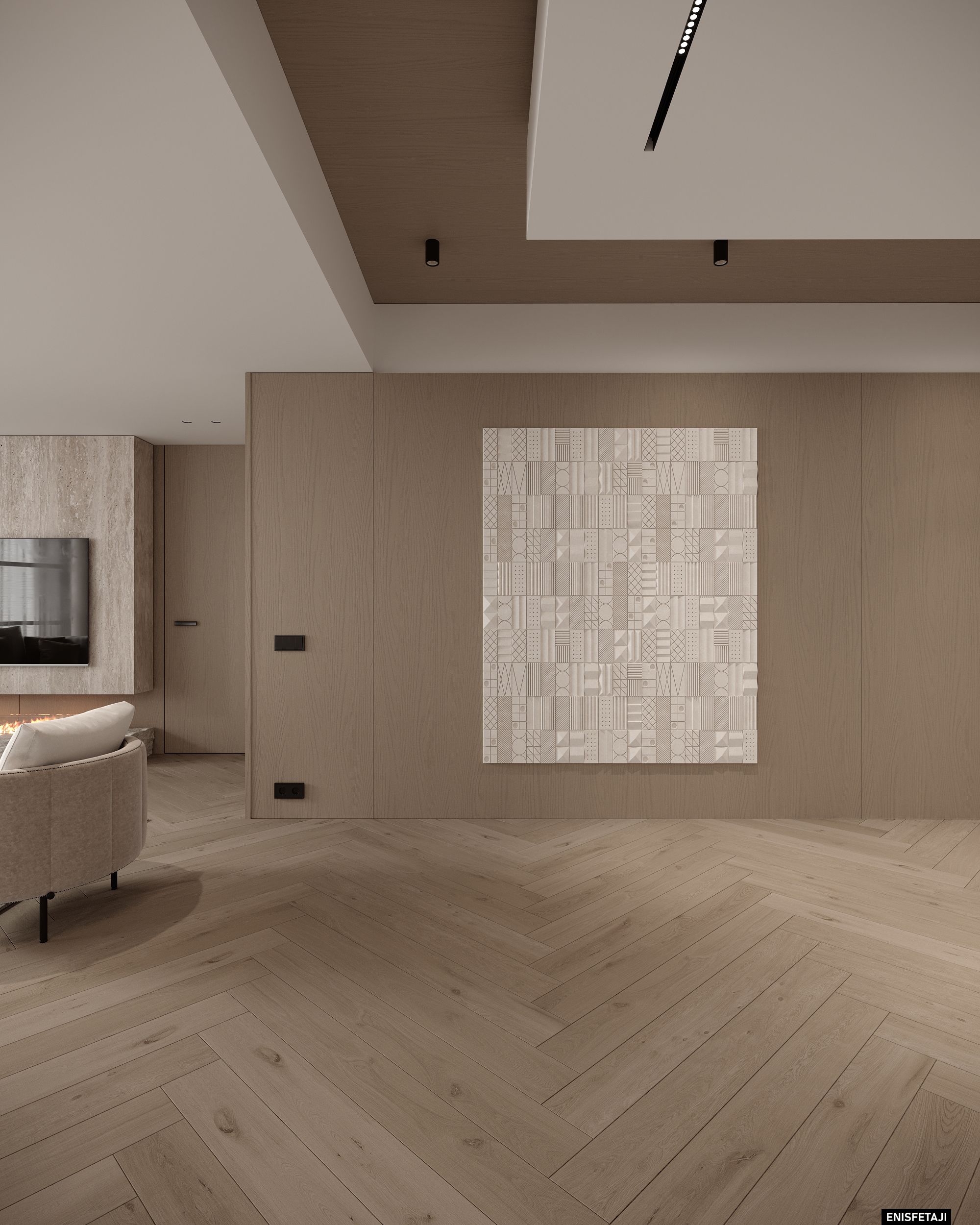 Hallway with wood wall panels and textured artwork, apartment GV22 in Gostivar