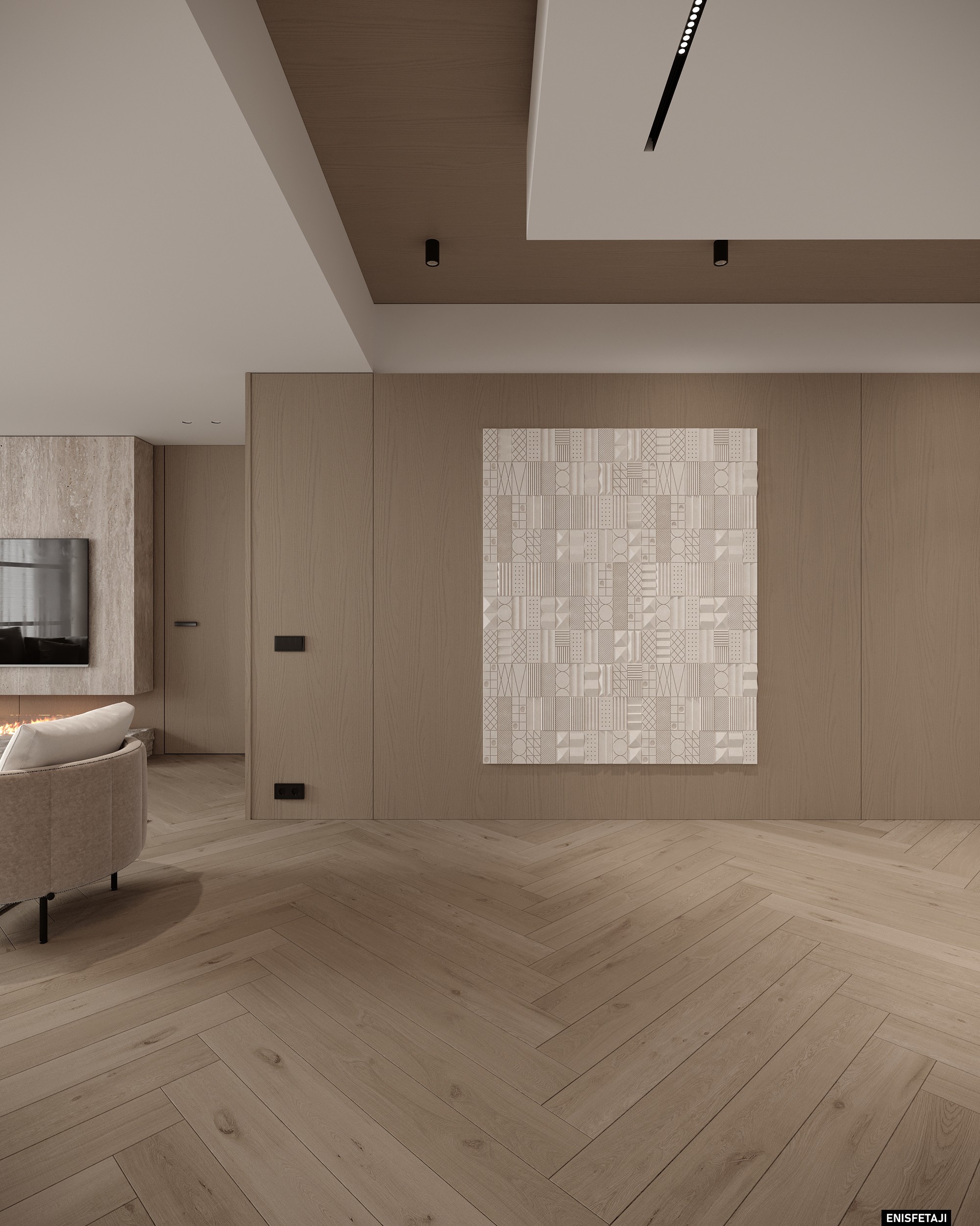 Hallway with wood wall panels and textured artwork, apartment GV22 in Gostivar