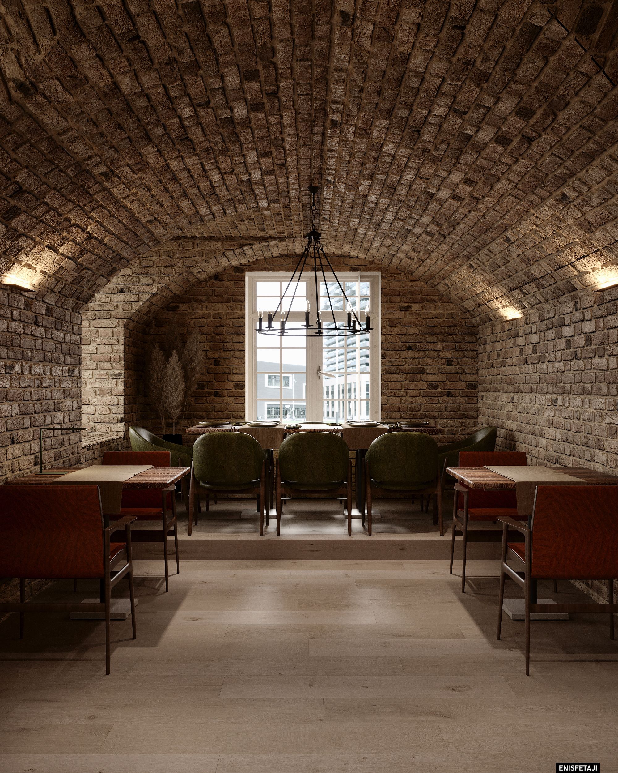 Brick vault room with arched window and wooden tables, pizzeria in Dornbirn, Austria
