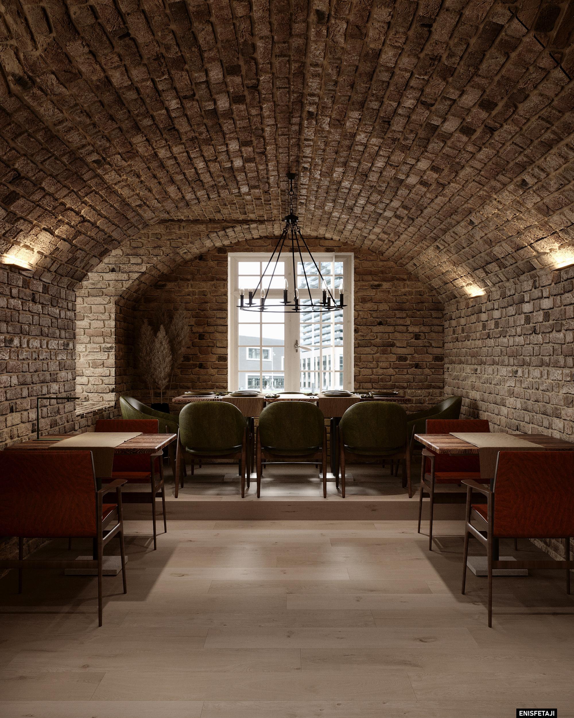 Pizzeria dining room with vaulted brick ceiling and green chairs, Dornbirn, Austria