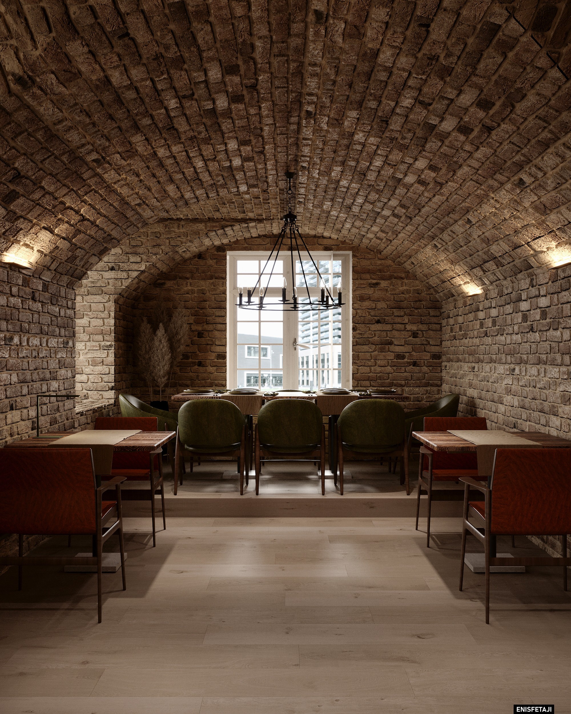 Brick vault room with arched window and wooden tables, pizzeria in Dornbirn, Austria