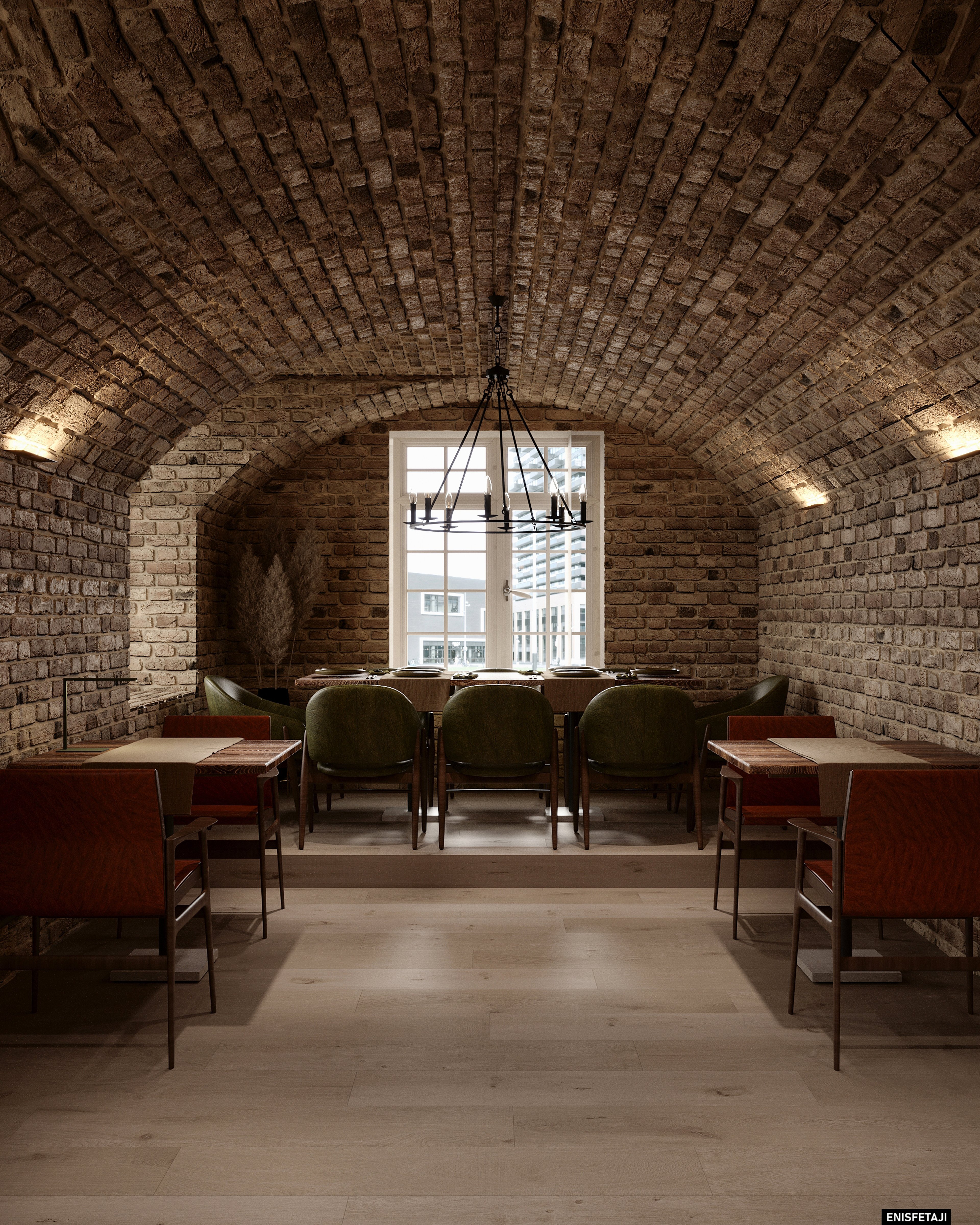 Pizzeria dining room with vaulted brick ceiling and green chairs, Dornbirn, Austria
