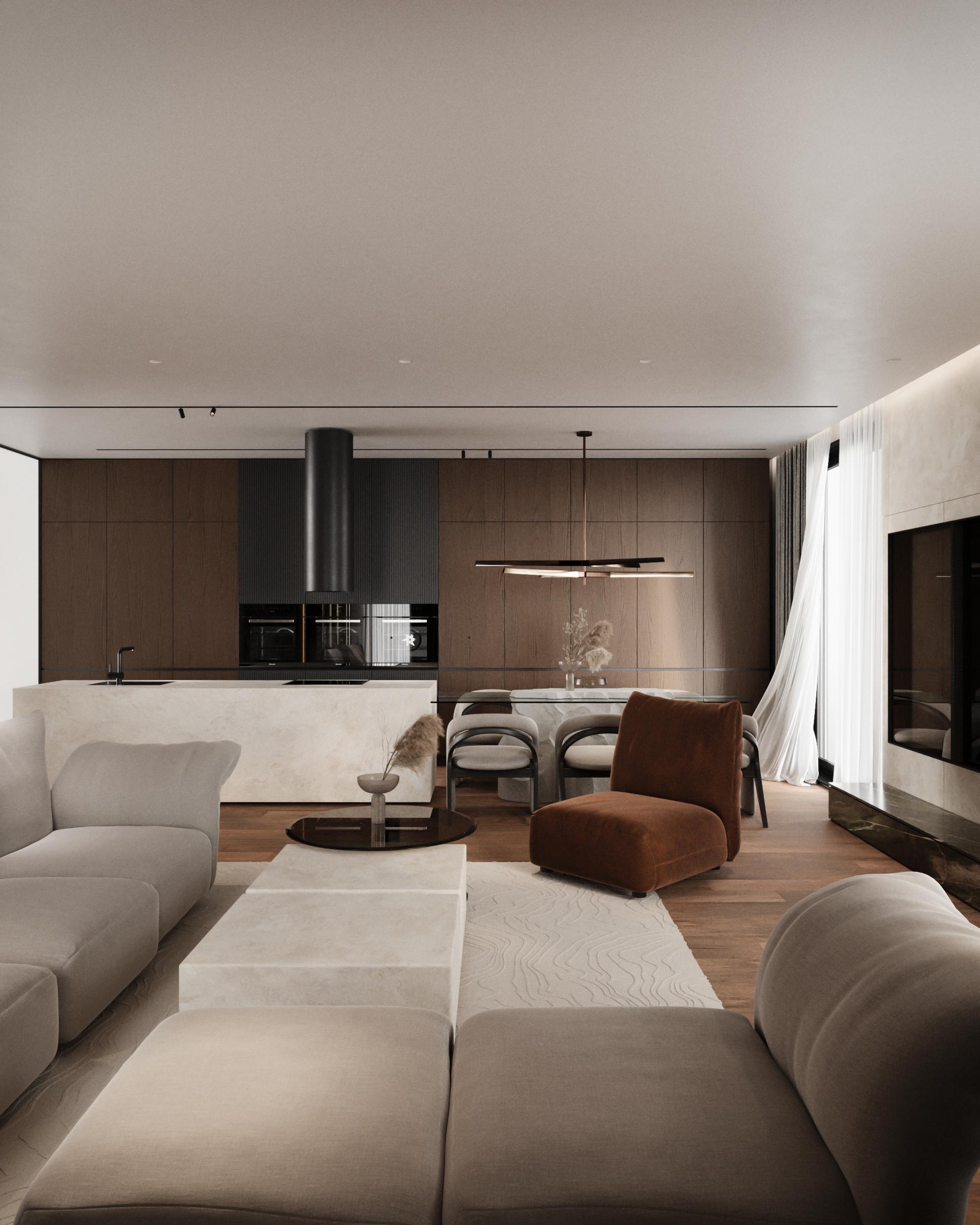 Open living room and kitchen with beige sofas and brown velvet armchair, Shega19 house in Tetovo
