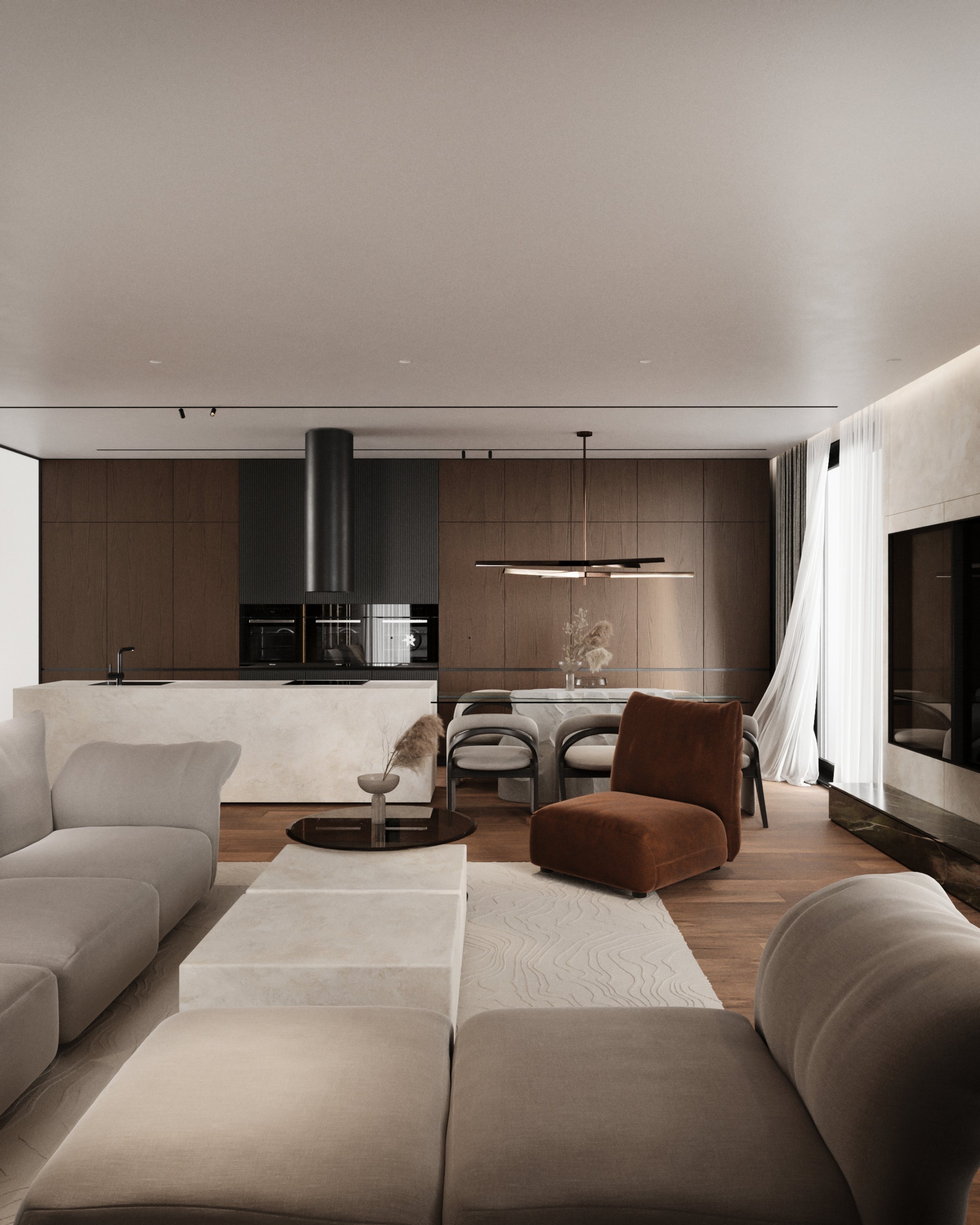 Open living room and kitchen with beige sofas and brown velvet armchair, Shega19 house in Tetovo