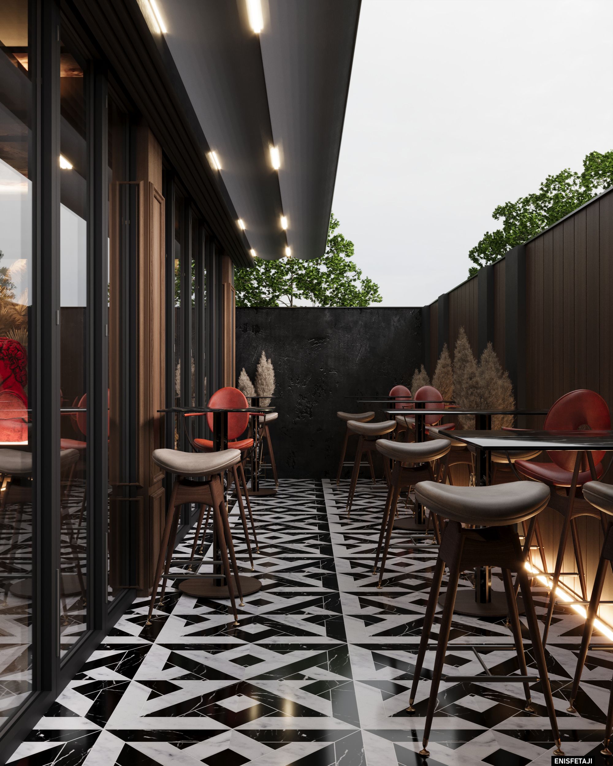 Covered terrace with bar tables and geometric tiles, Turquoise Lounge in Gostivar