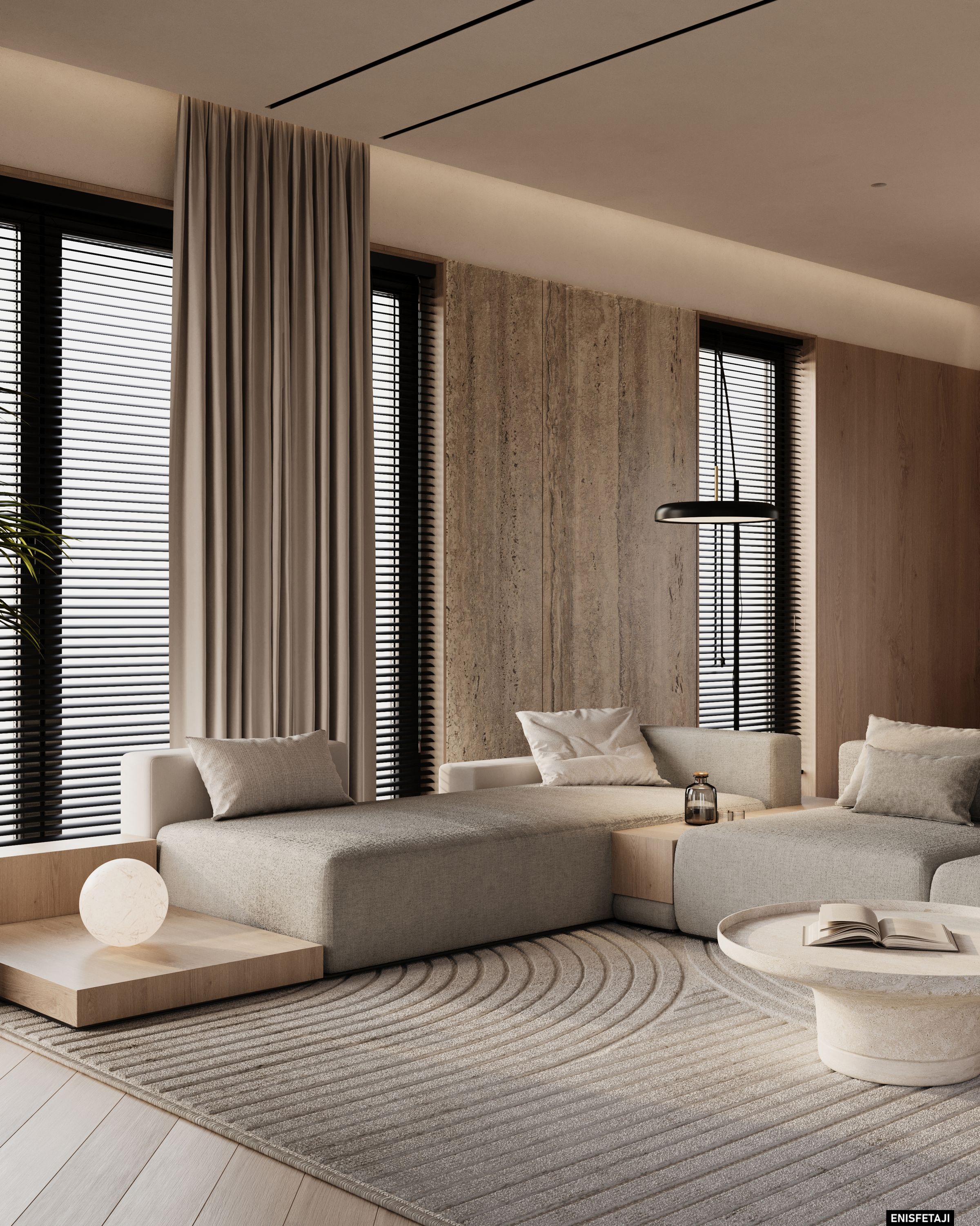 Cream modular sofa with round coffee table and travertine wall, Cream House in Gostivar