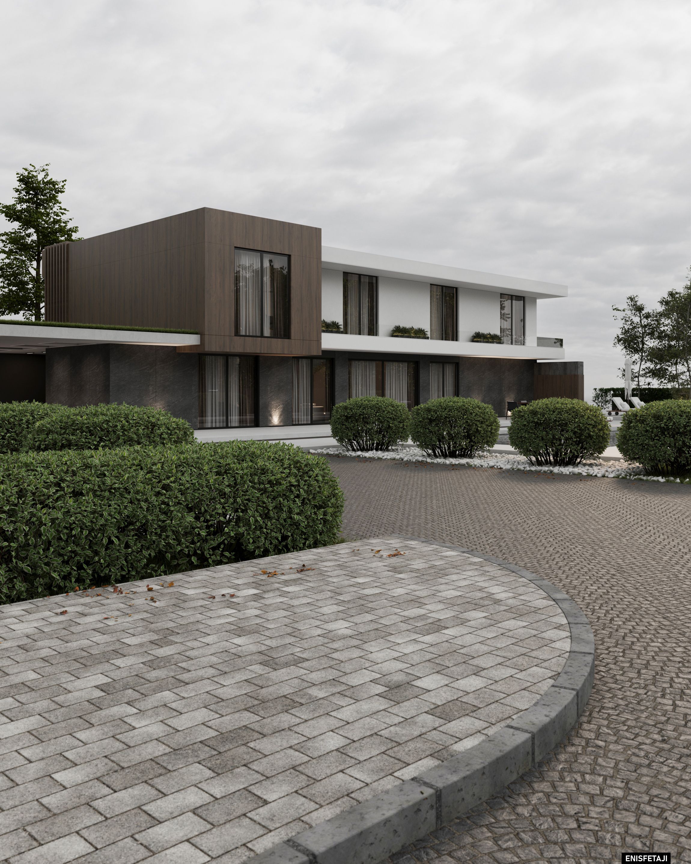 Modern villa with dark wood volume and white facade, seen from the paved driveway