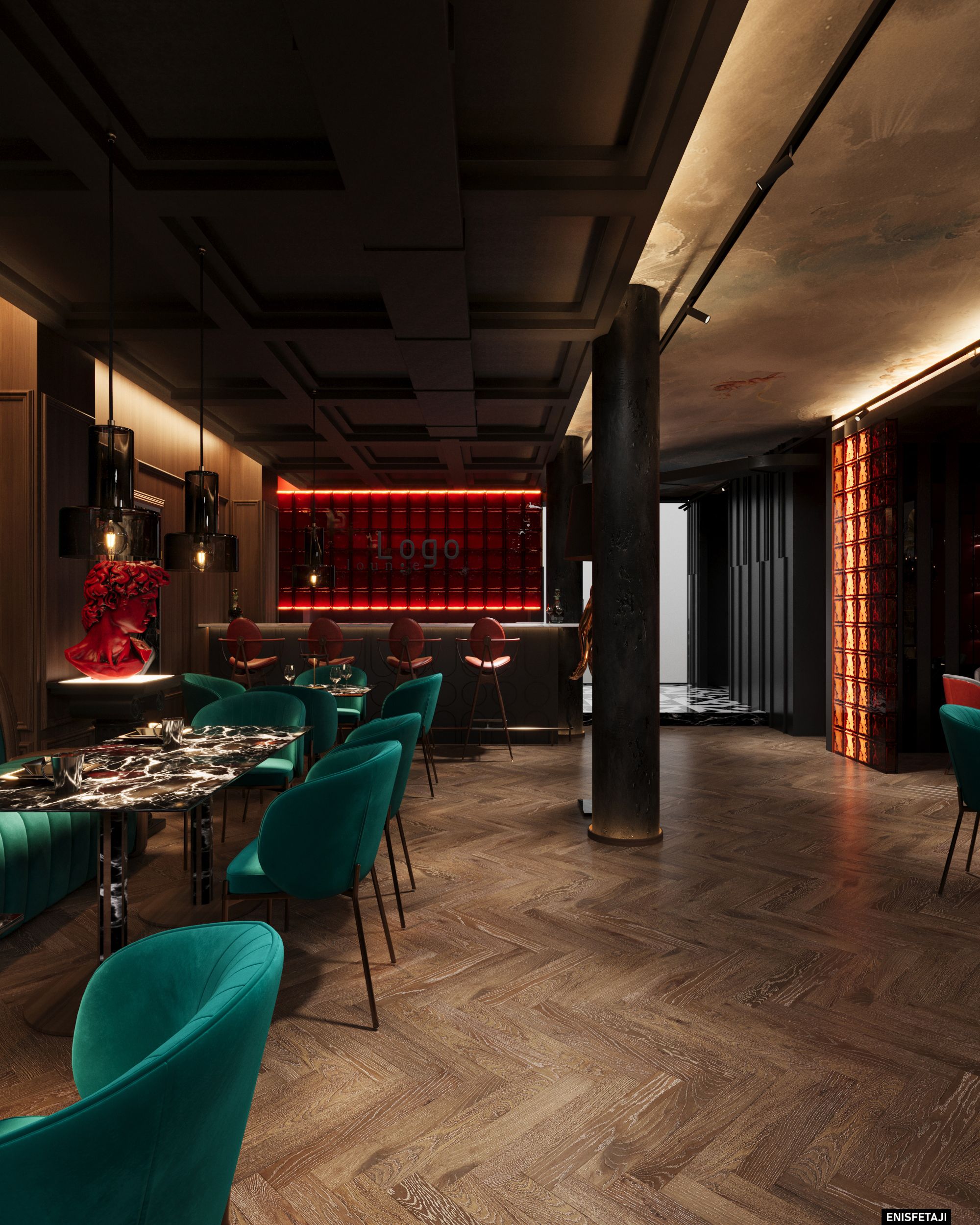 Long lounge with teal chairs and a red backlit bar, Turquoise Lounge in Gostivar