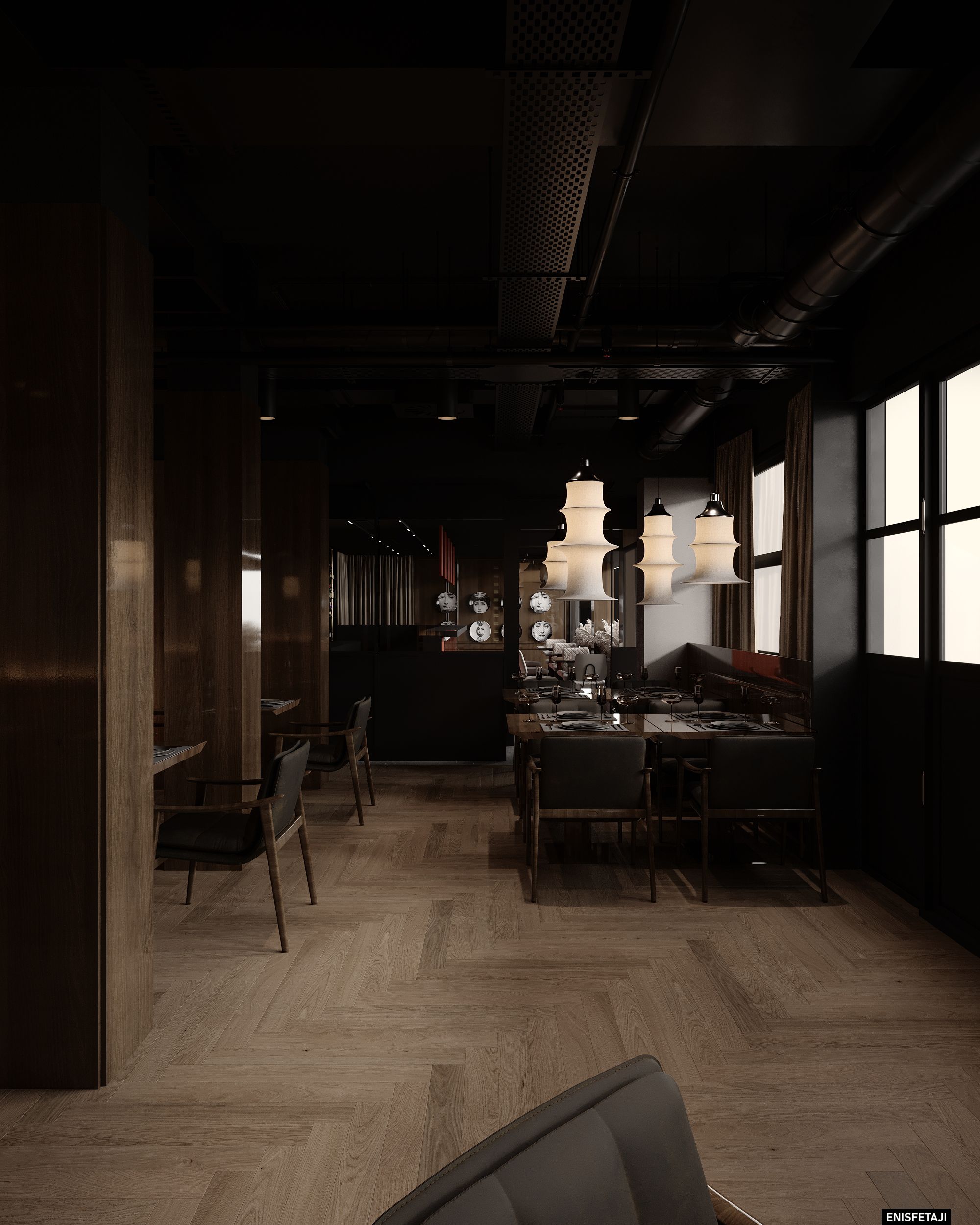 View through the dining room with herringbone floor and lanterns, restaurant in Zurich
