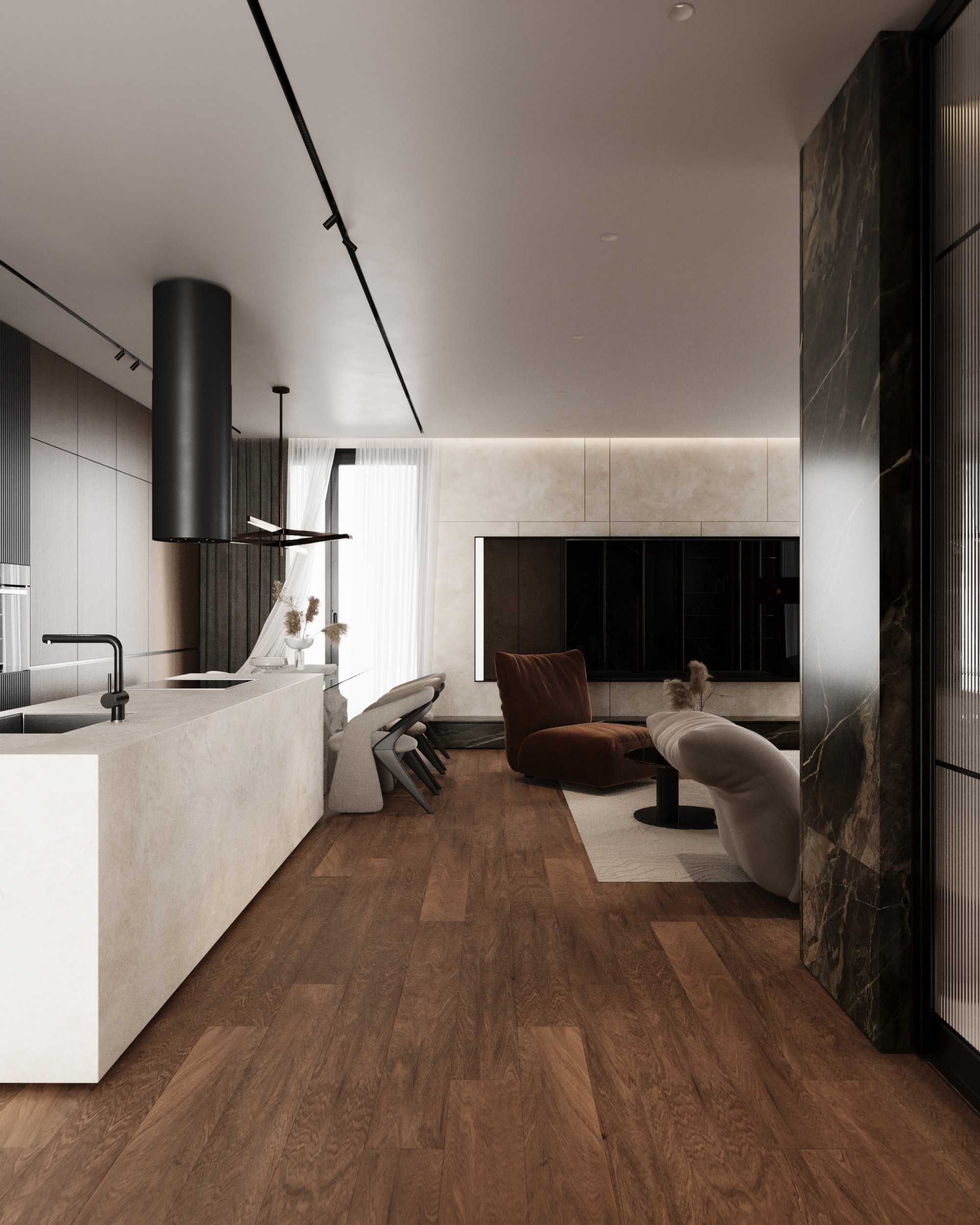 Kitchen island and living area with green marble column, Shega19 house in Tetovo