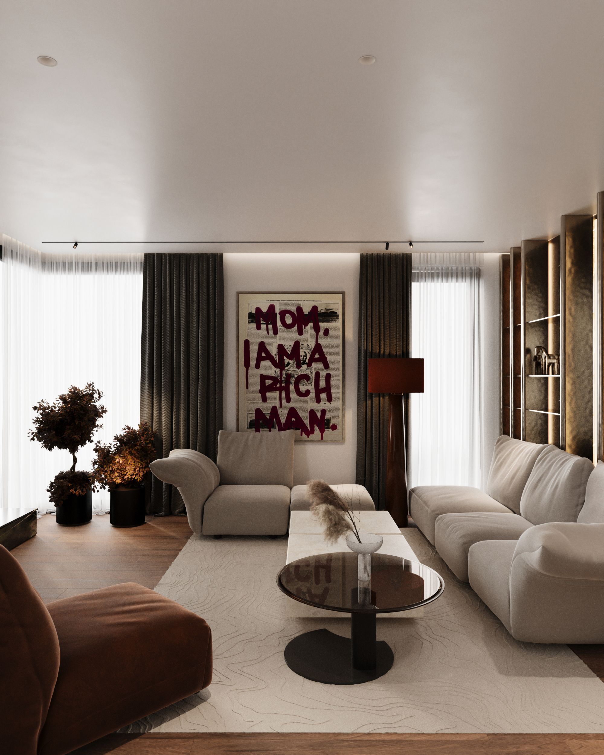 Living room with curved sofas and pop art painting, Shega19 house in Tetovo