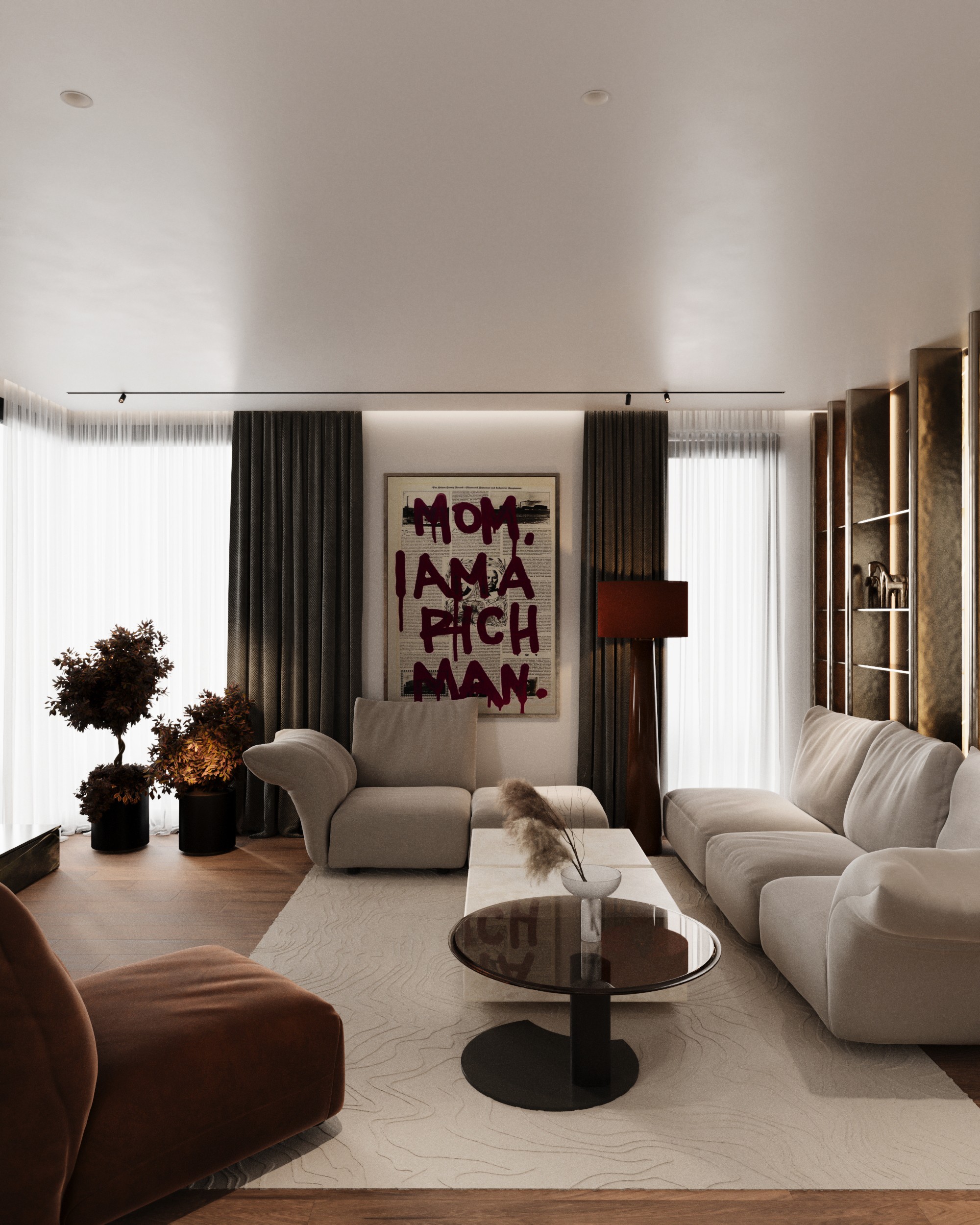 Living room with curved sofas and pop art painting, Shega19 house in Tetovo