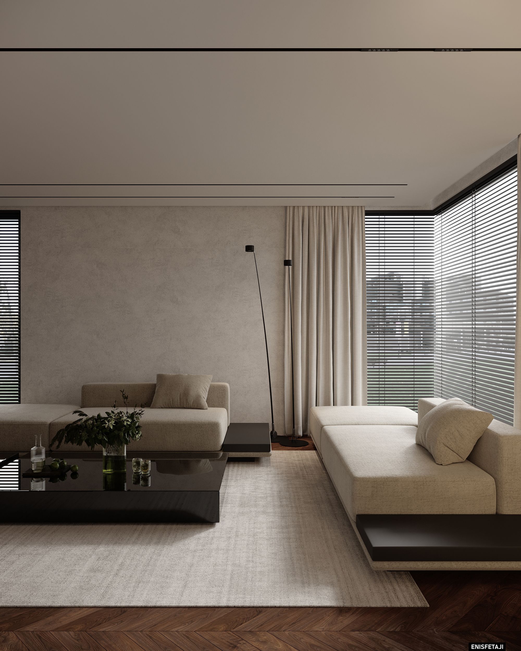 Beige living room with long sofa and large windows, Shega20 house in Tetovo