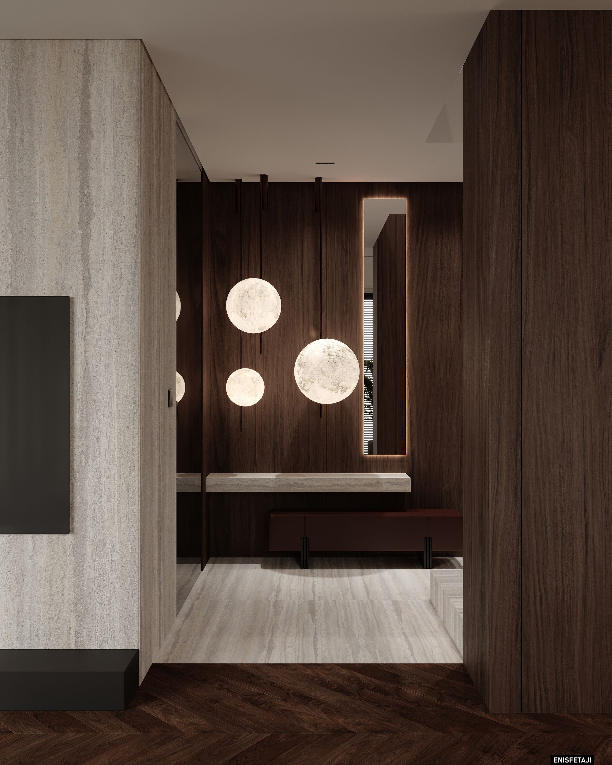 Hallway with dark wood walls and globe lights, Shega20 house in Tetovo