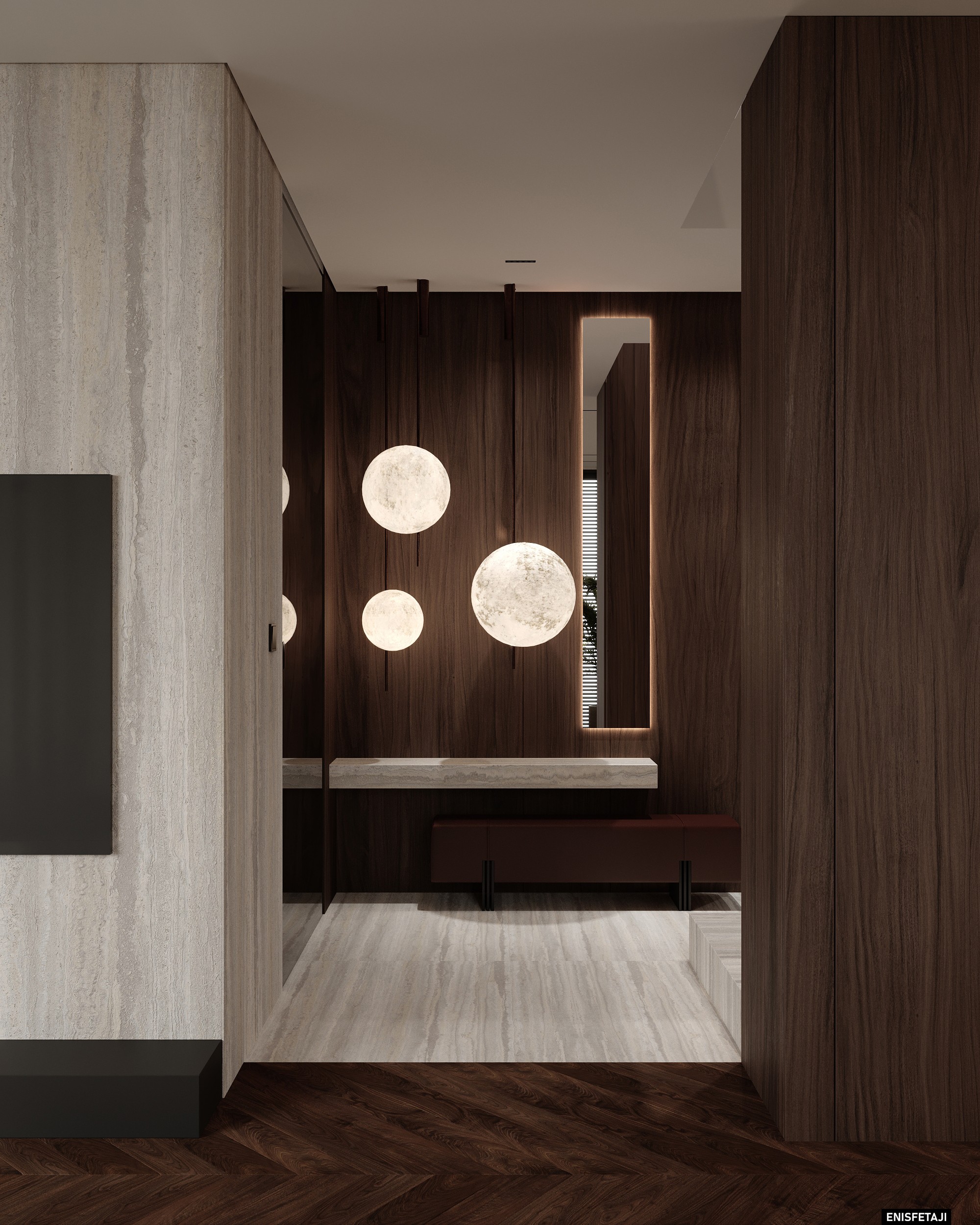 Hallway with dark wood walls and globe lights, Shega20 house in Tetovo