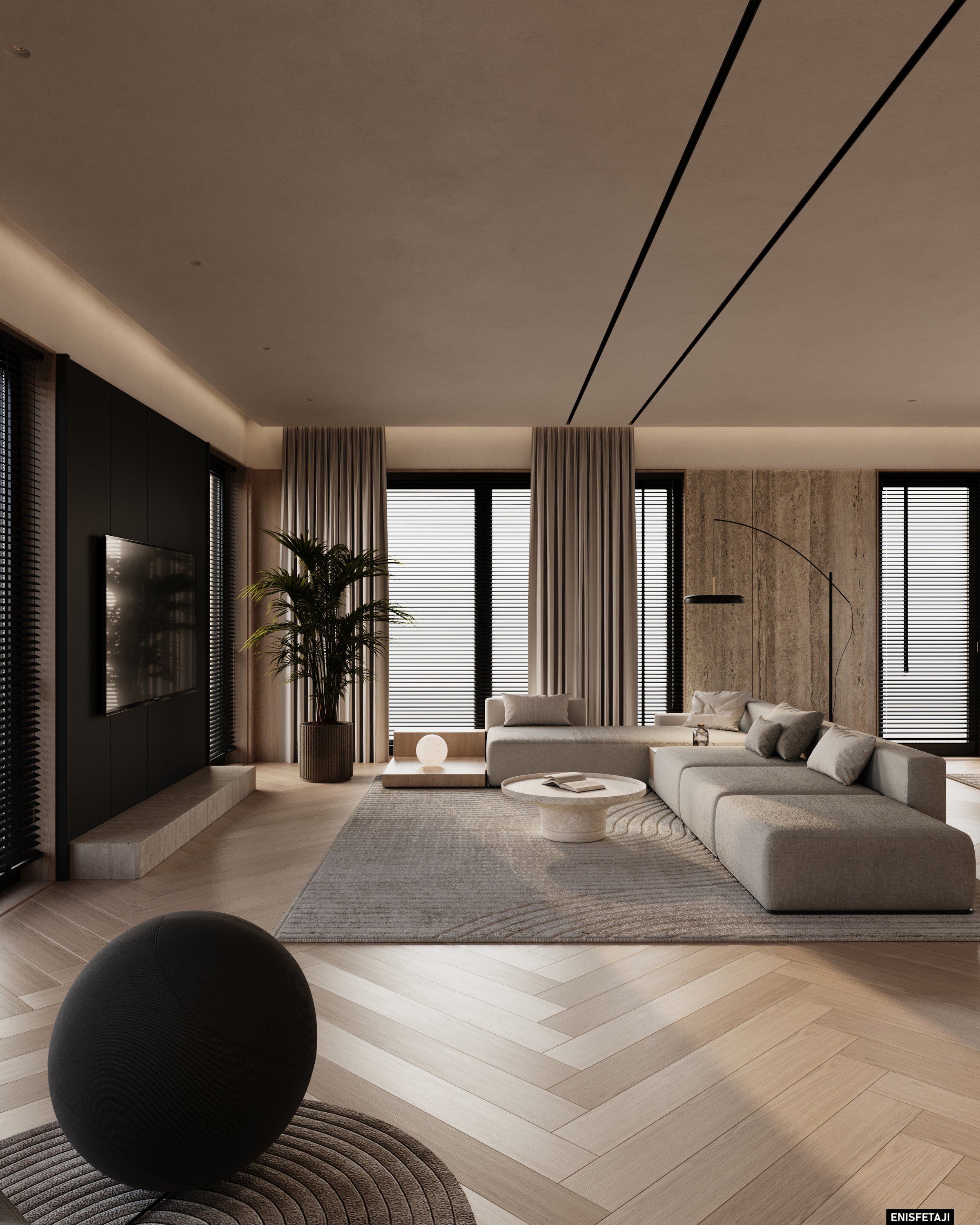 Living room with cream sofa, herringbone floor and black TV wall, Cream House in Gostivar
