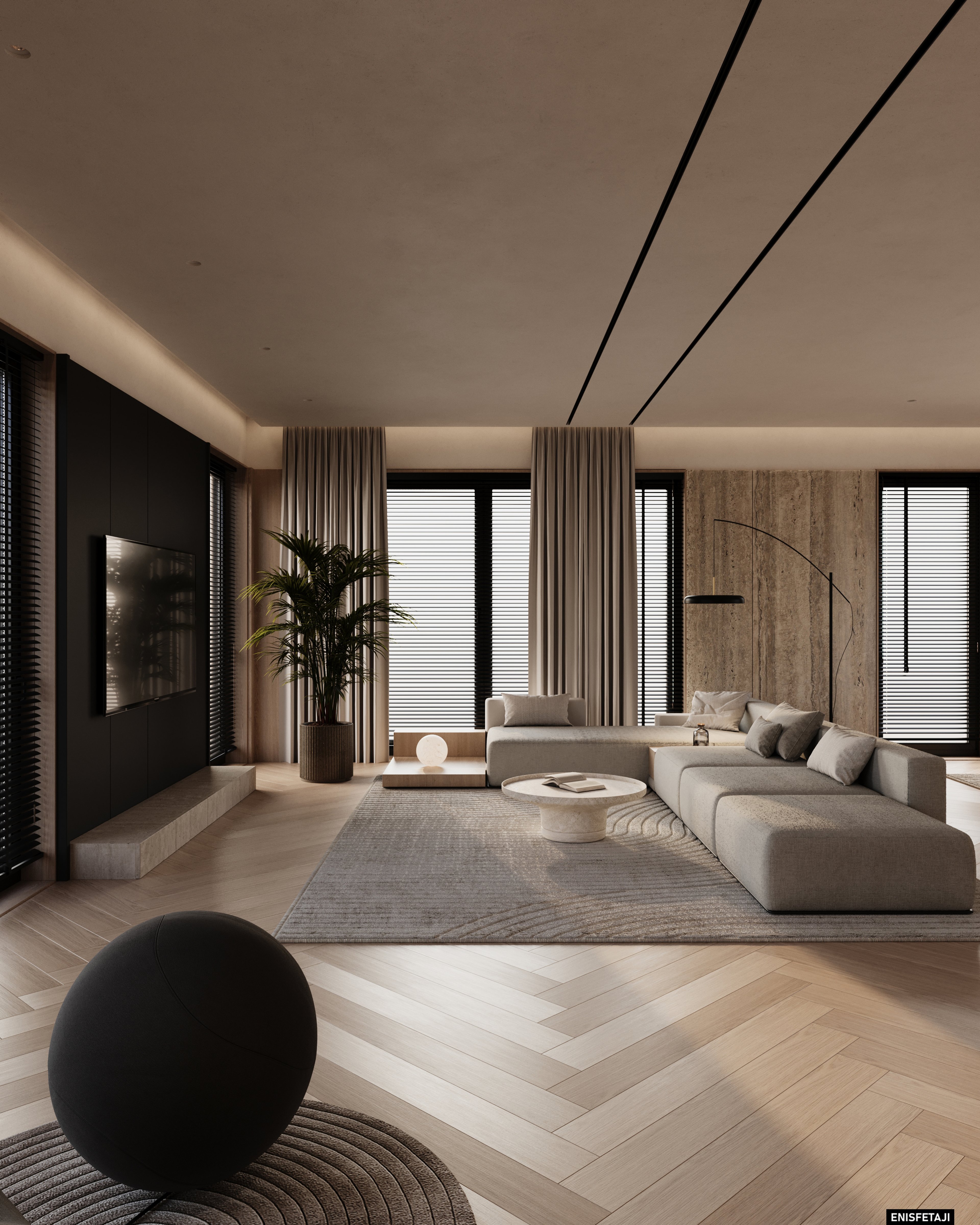 Living room with cream sofa, herringbone floor and black TV wall, Cream House in Gostivar
