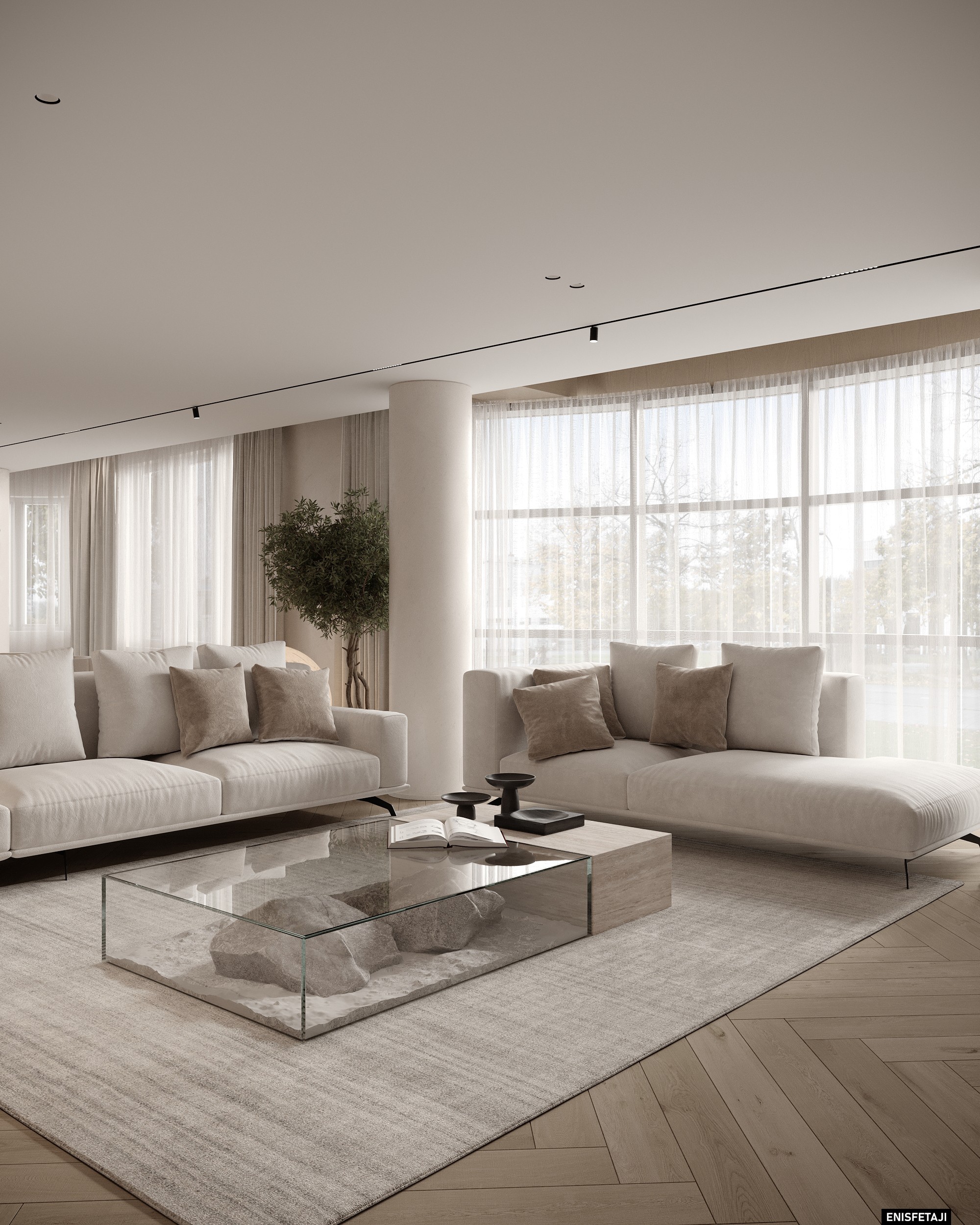 Living room with large windows, beige sofas and olive tree, apartment GV22 in Gostivar