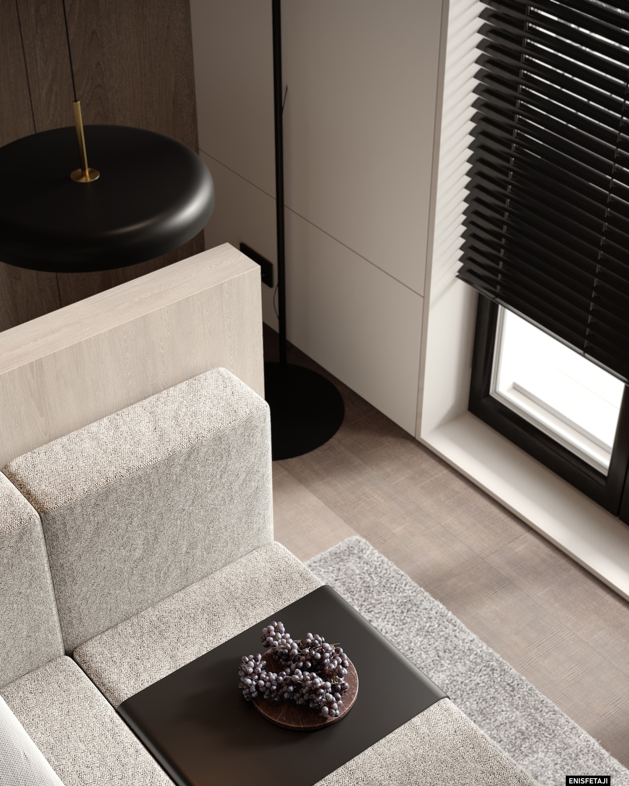 Sofa detail with side table and black floor lamp, house in Aadorf, Switzerland