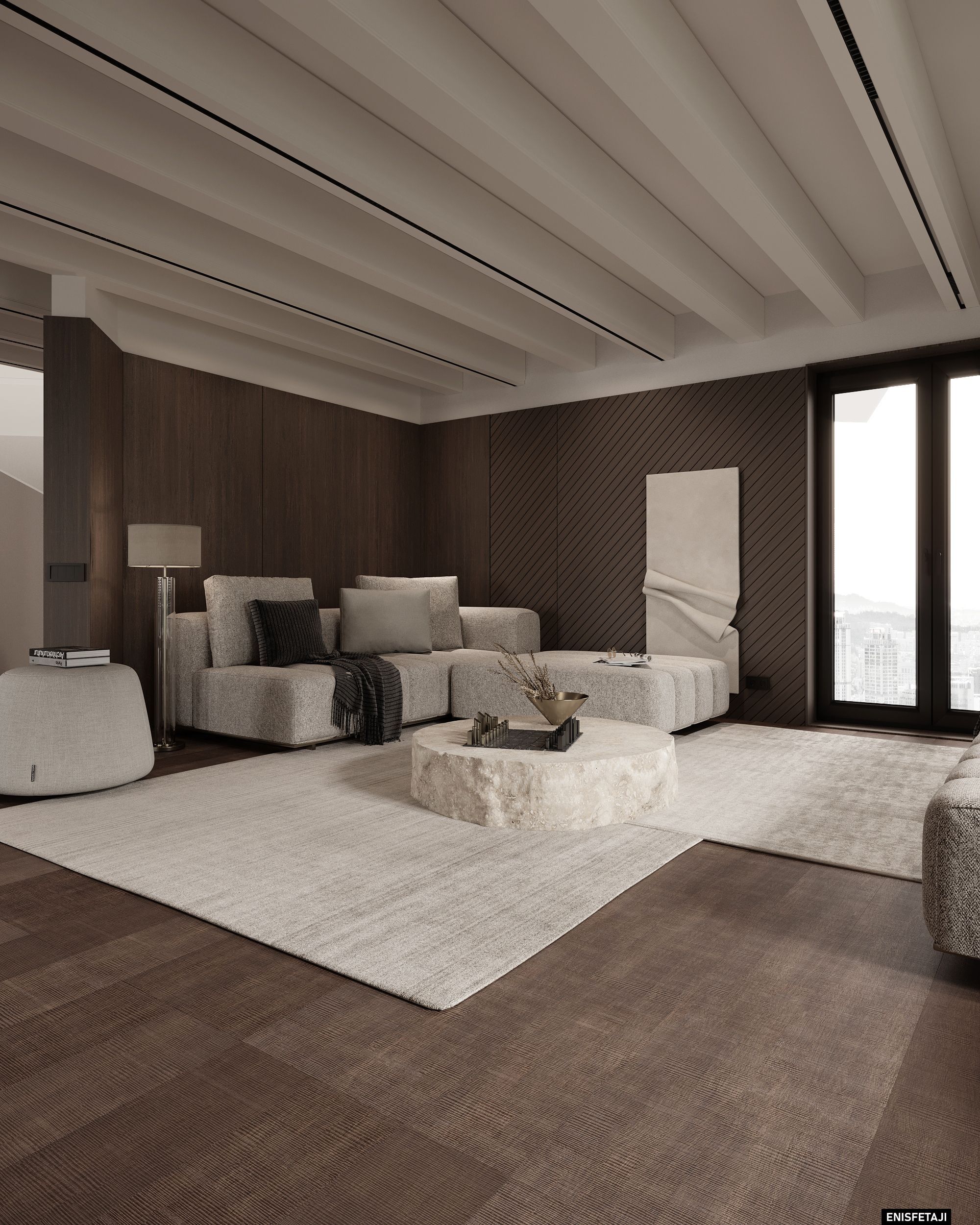 Living area with beige sofa and stone table under white beams, house in Aadorf, Switzerland