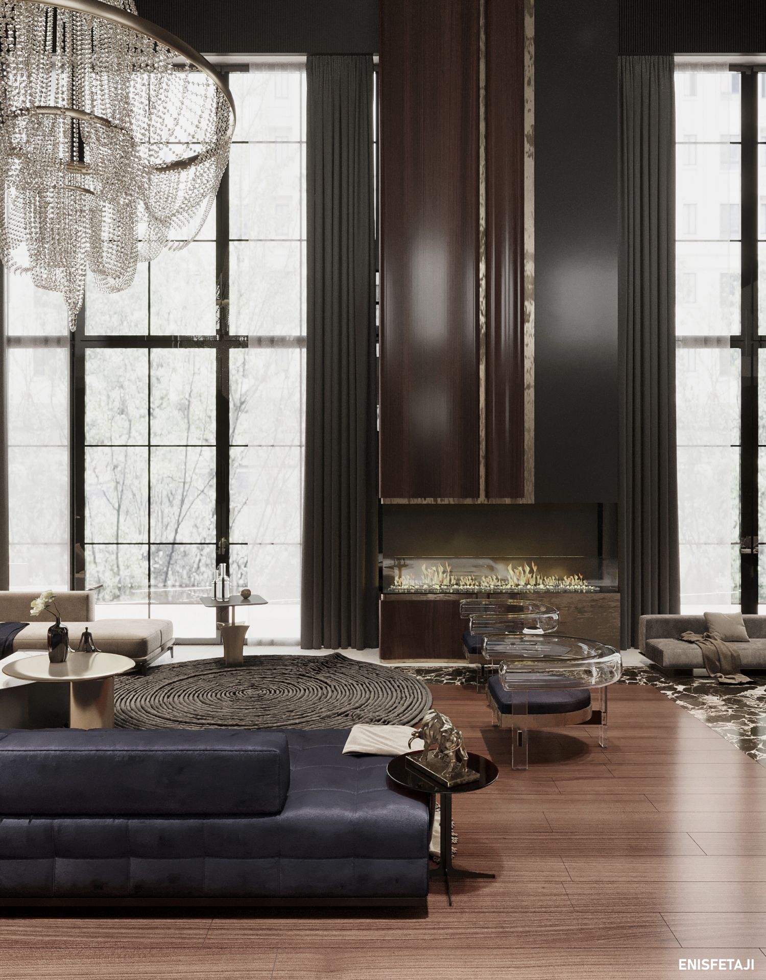 Living room with tall windows and a fireplace in a dark wood wall, luxury residence in Belgrade
