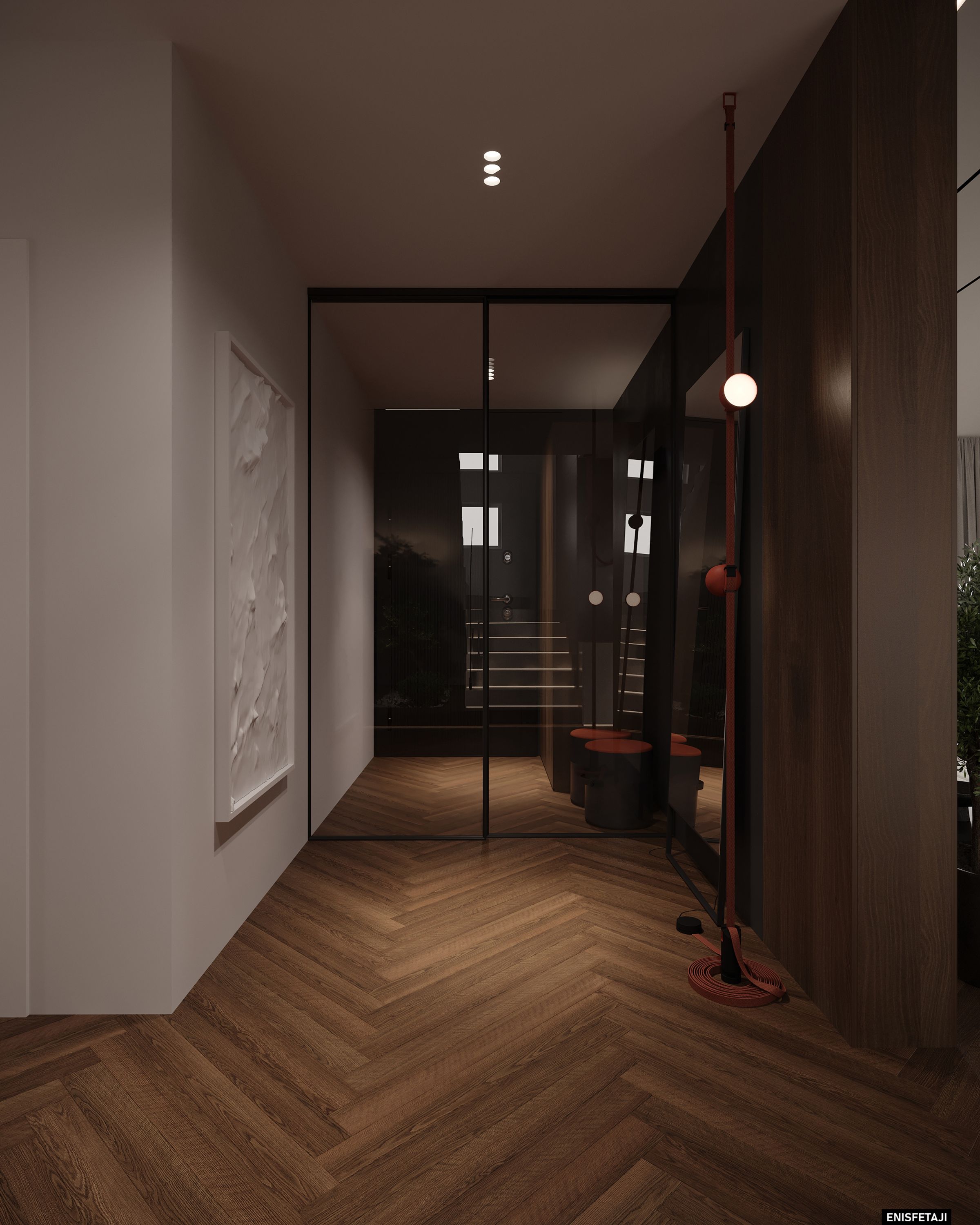 Hallway with glass door and red wall lamp, M24 house in Gostivar