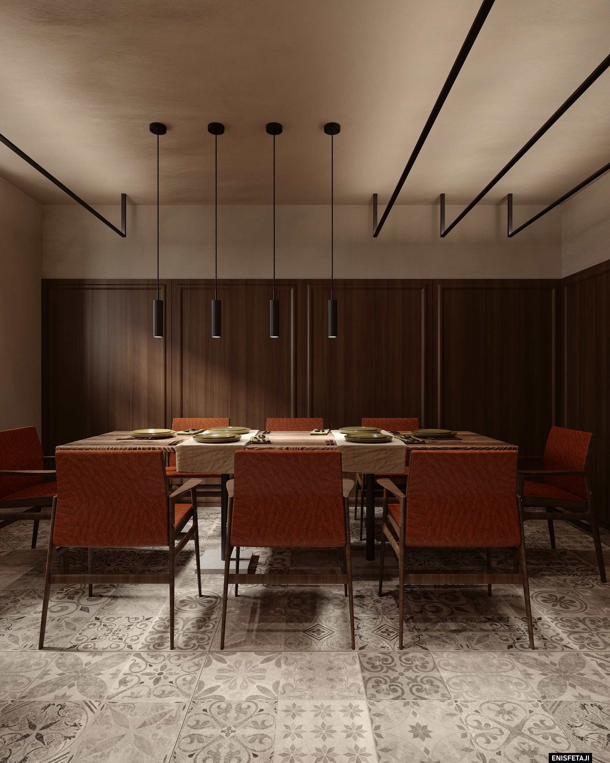 Group dining table with rust chairs under black pendant lights, pizzeria in Dornbirn, Austria
