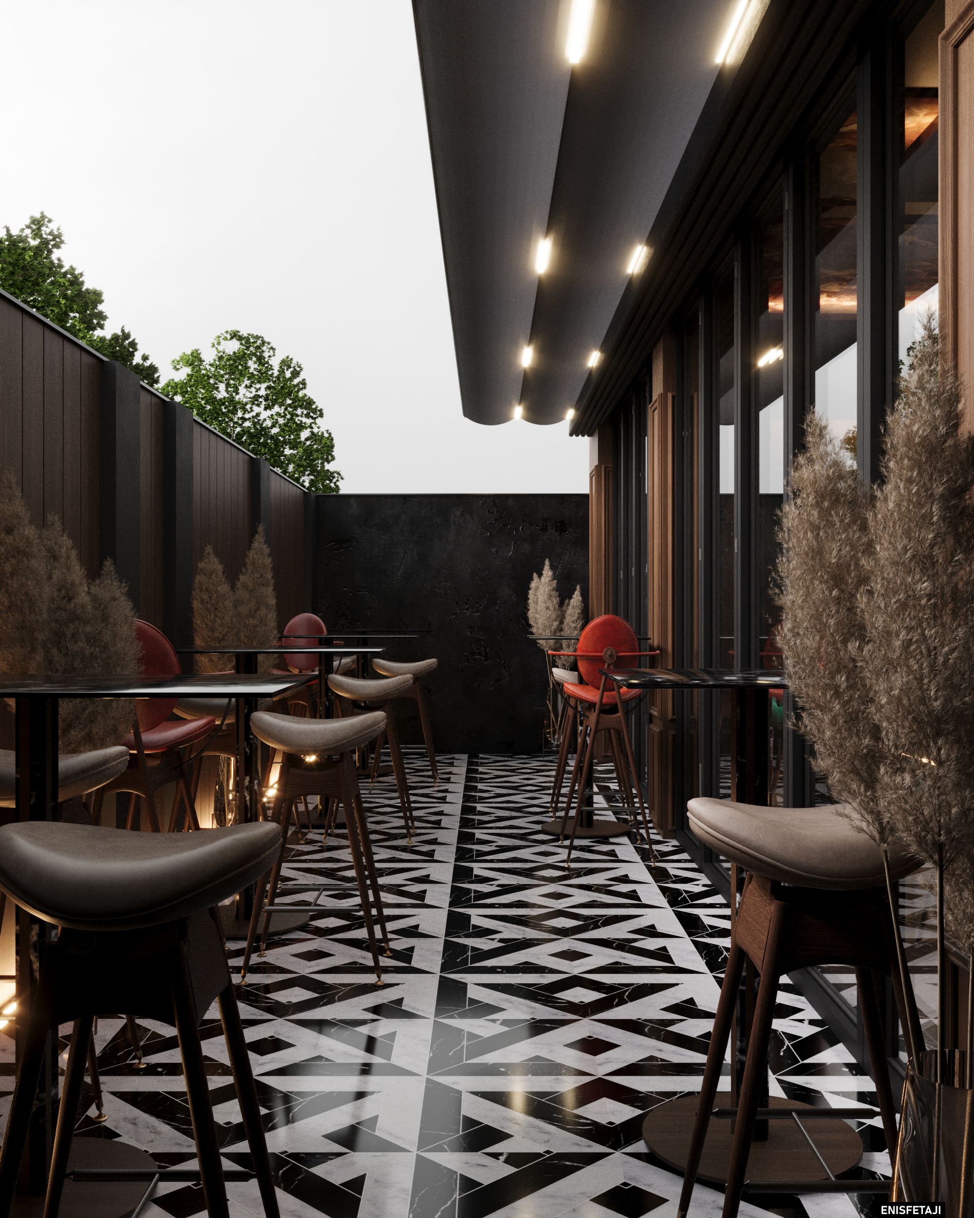 Terrace with black and white patterned floor and bar stools, Turquoise Lounge in Gostivar