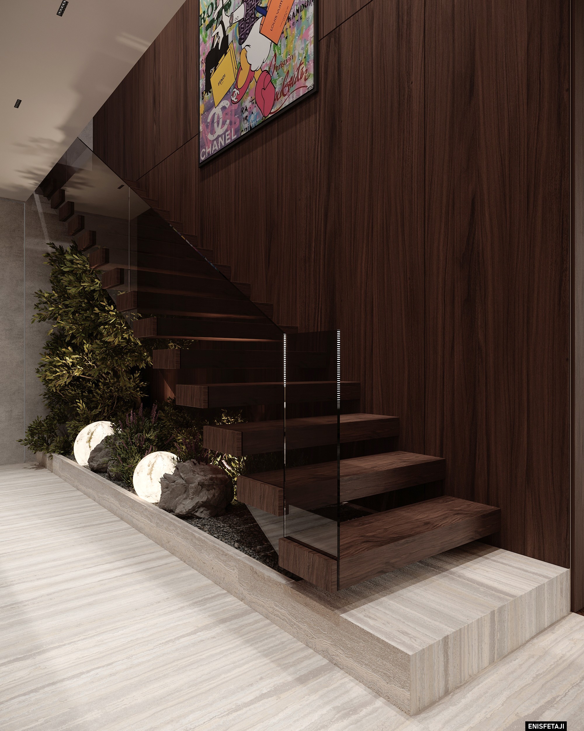 Floating dark wood staircase with indoor plants and colourful artwork, Shega20 house in Tetovo
