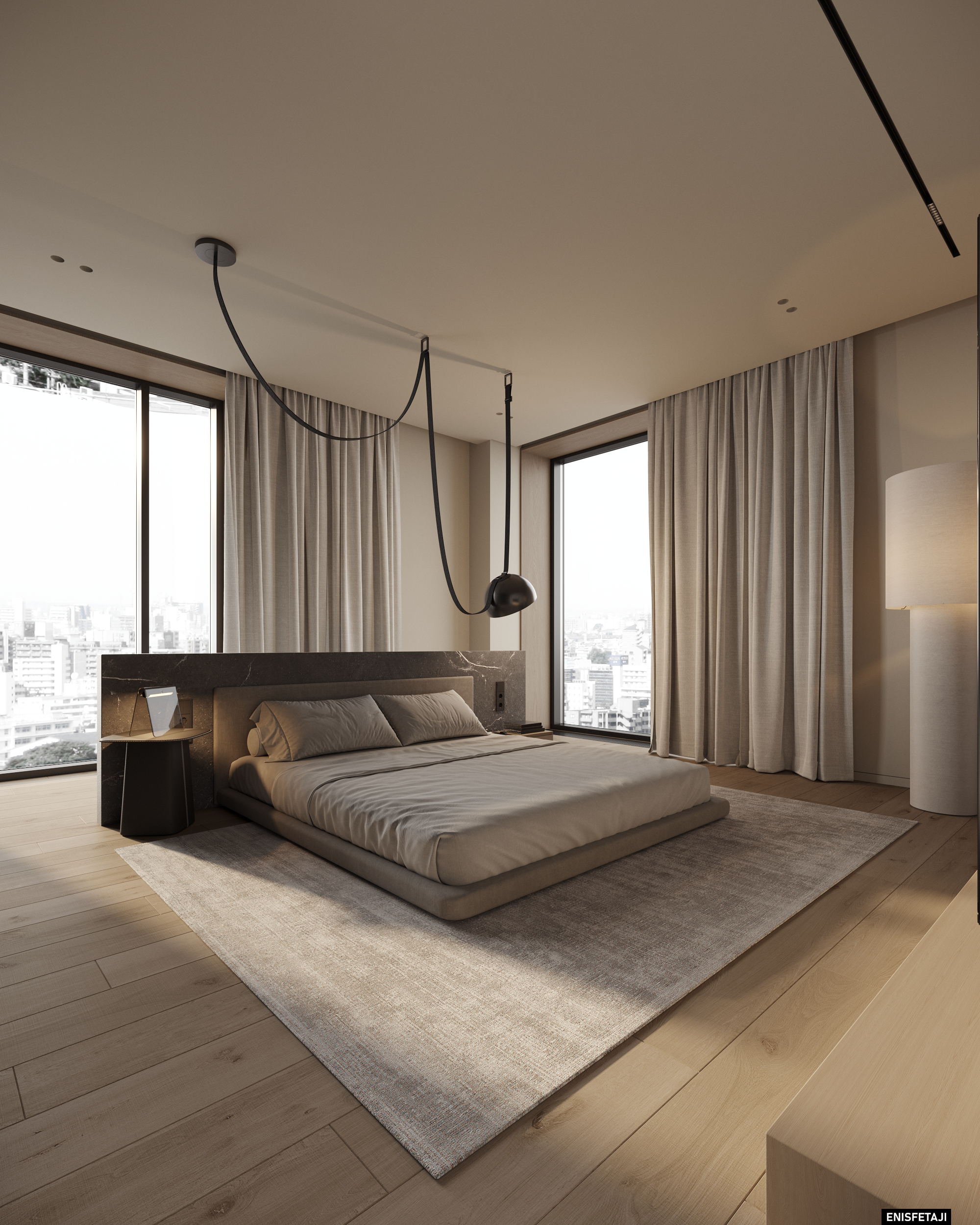 Bedroom with marble headboard wall and city view, apartment GV75 in Gostivar
