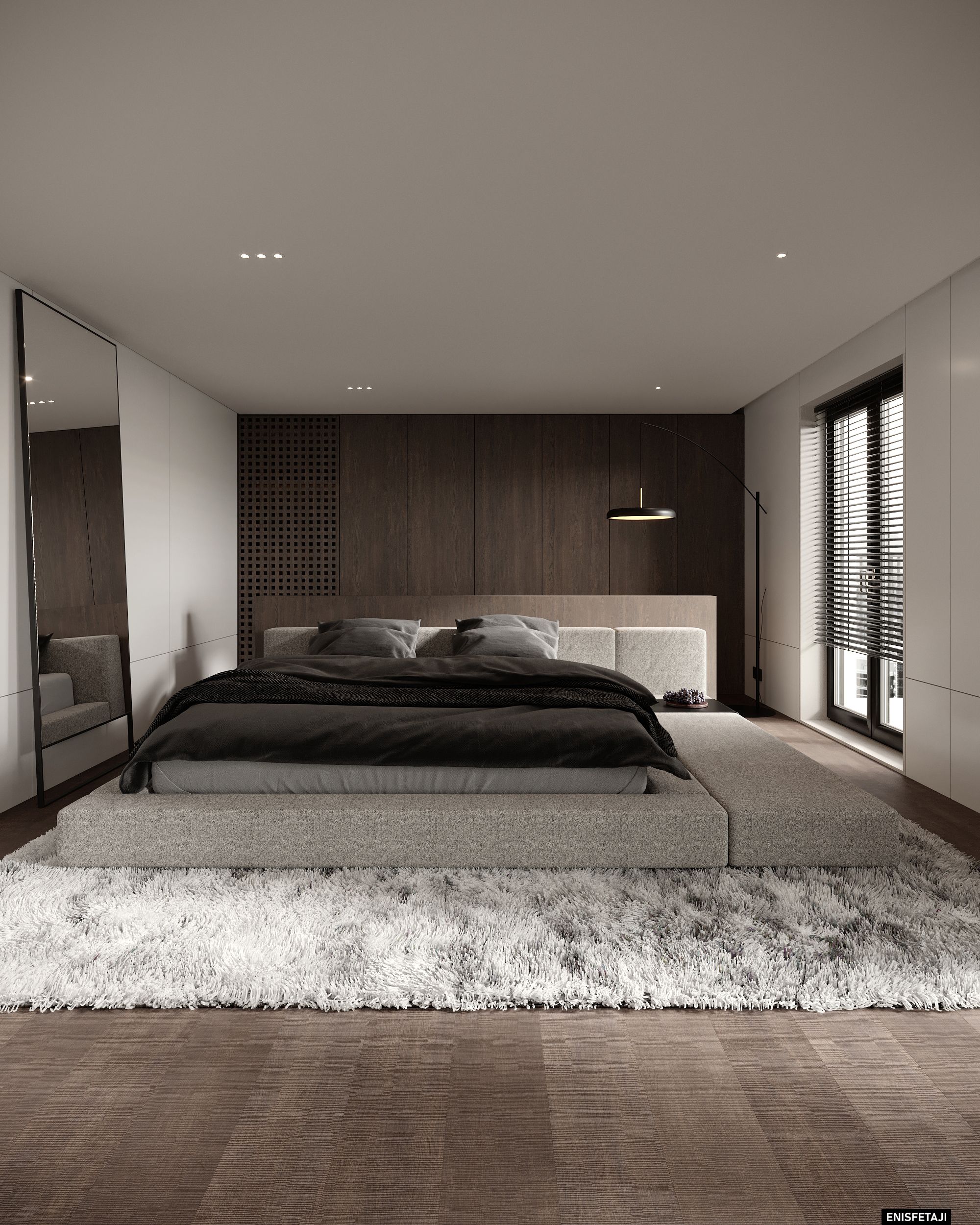 Bedroom with low bed, wood wall and shaggy rug, house in Aadorf, Switzerland