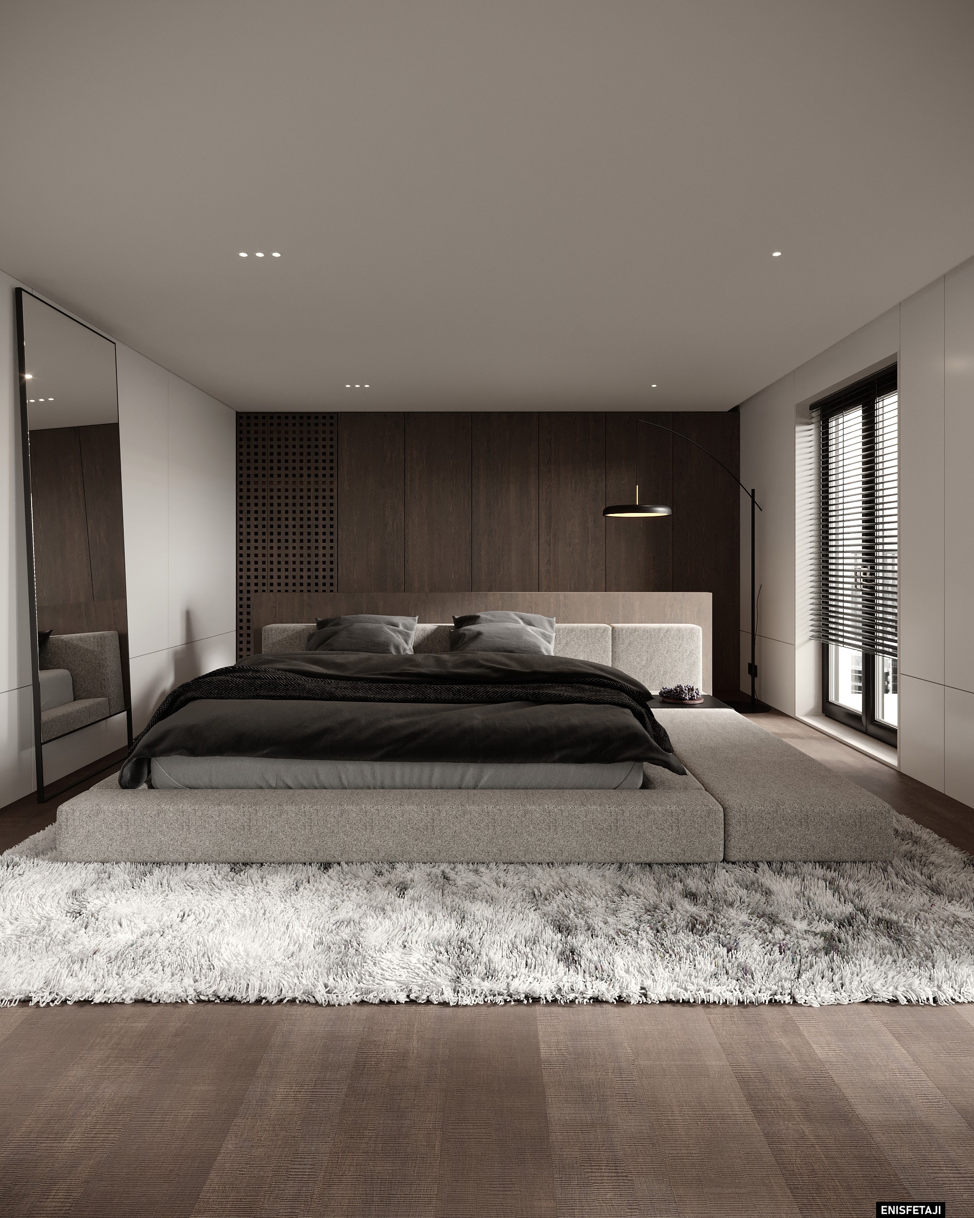 Bedroom with low bed, wood wall and shaggy rug, house in Aadorf, Switzerland