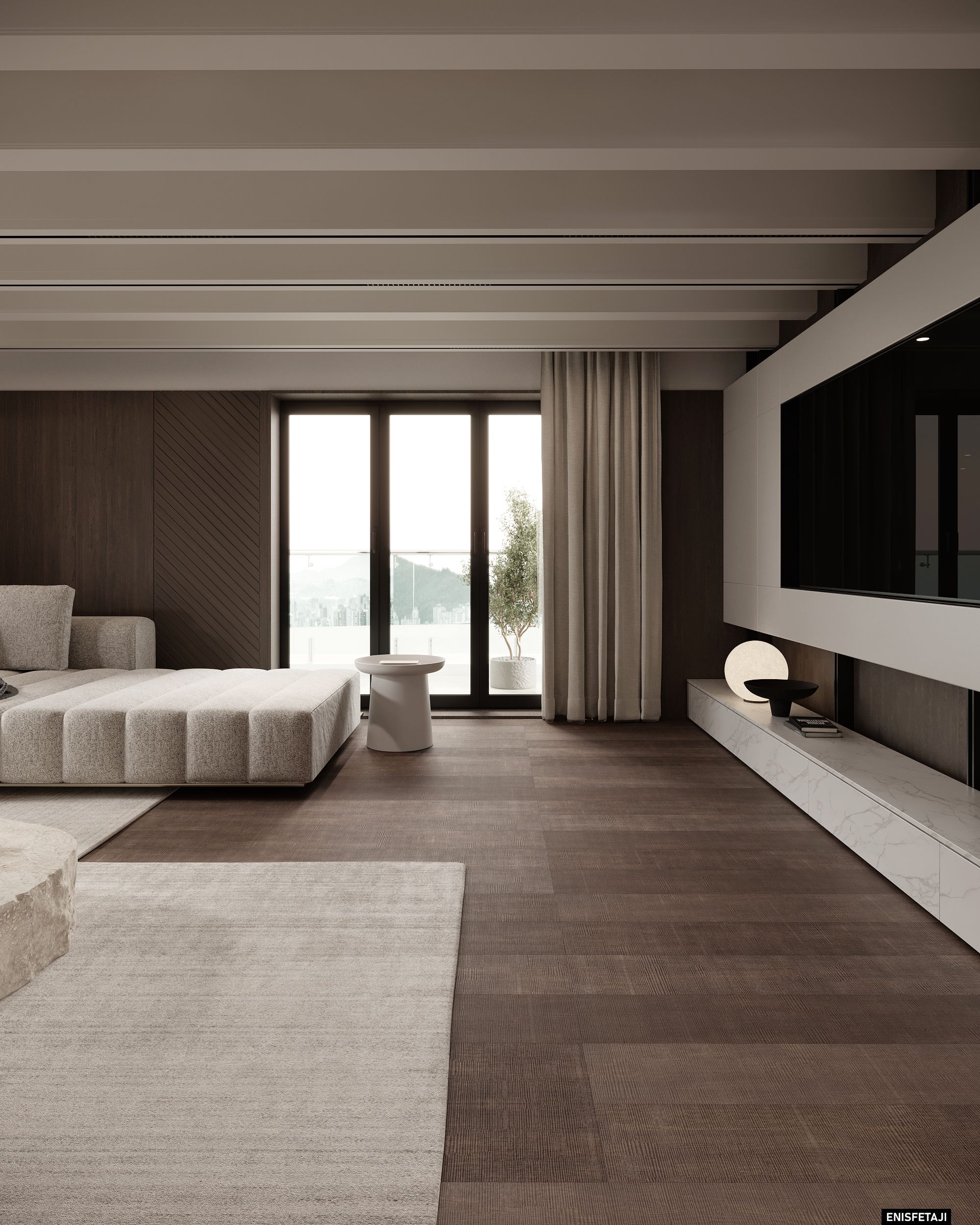 Open living room with long TV unit and wood floor, house in Aadorf, Switzerland