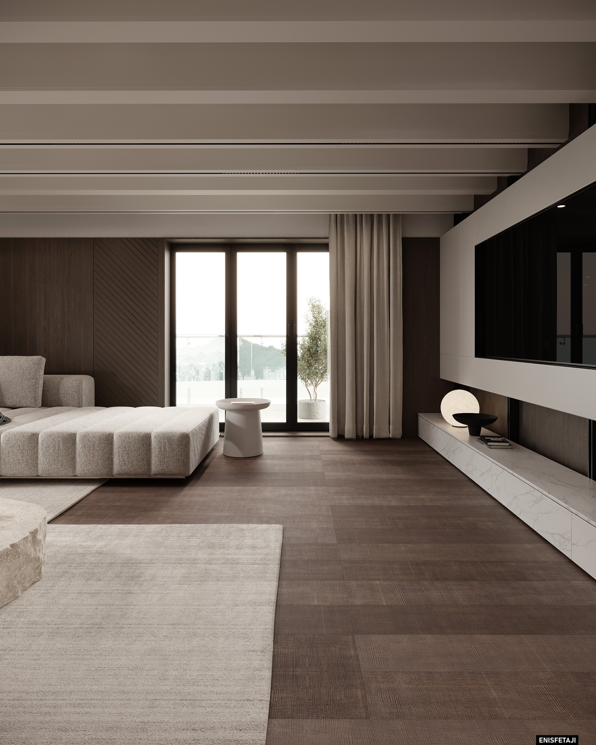 Open living room with long TV unit and wood floor, house in Aadorf, Switzerland