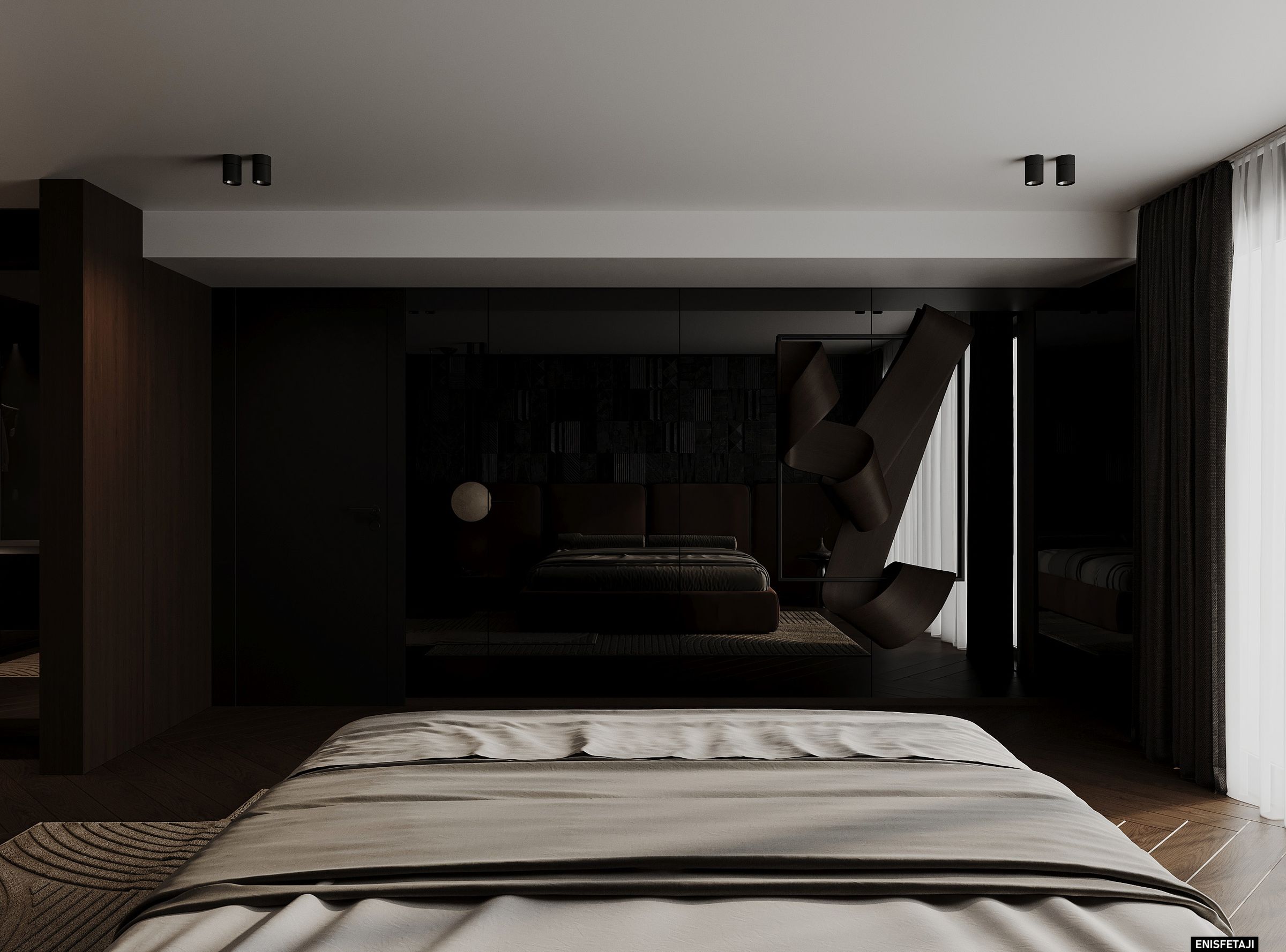 Dark bedroom with stone wall and sculptural lamp, residence in Prilep