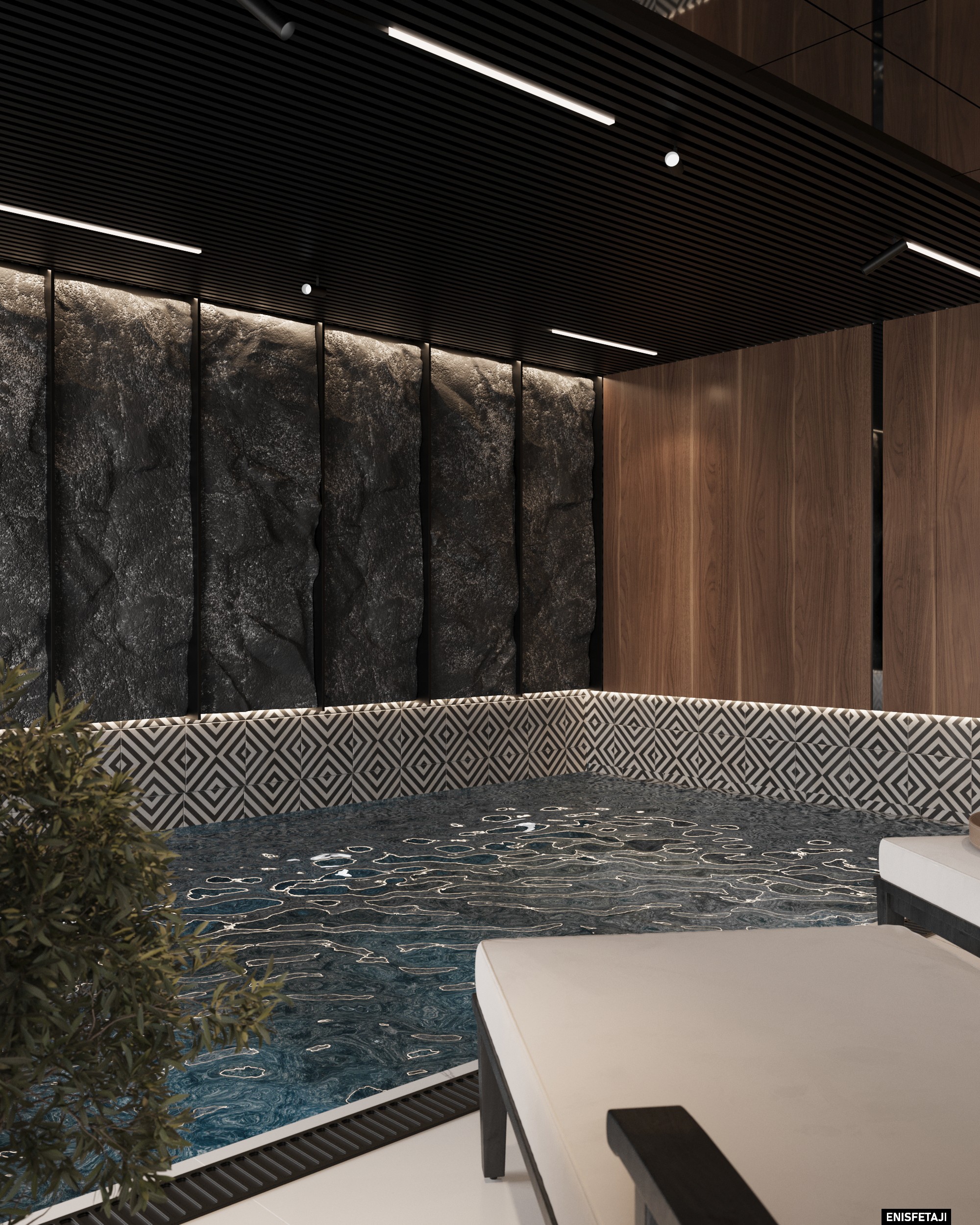 Indoor pool with patterned tile border and stone wall, residence in Goldach, Switzerland