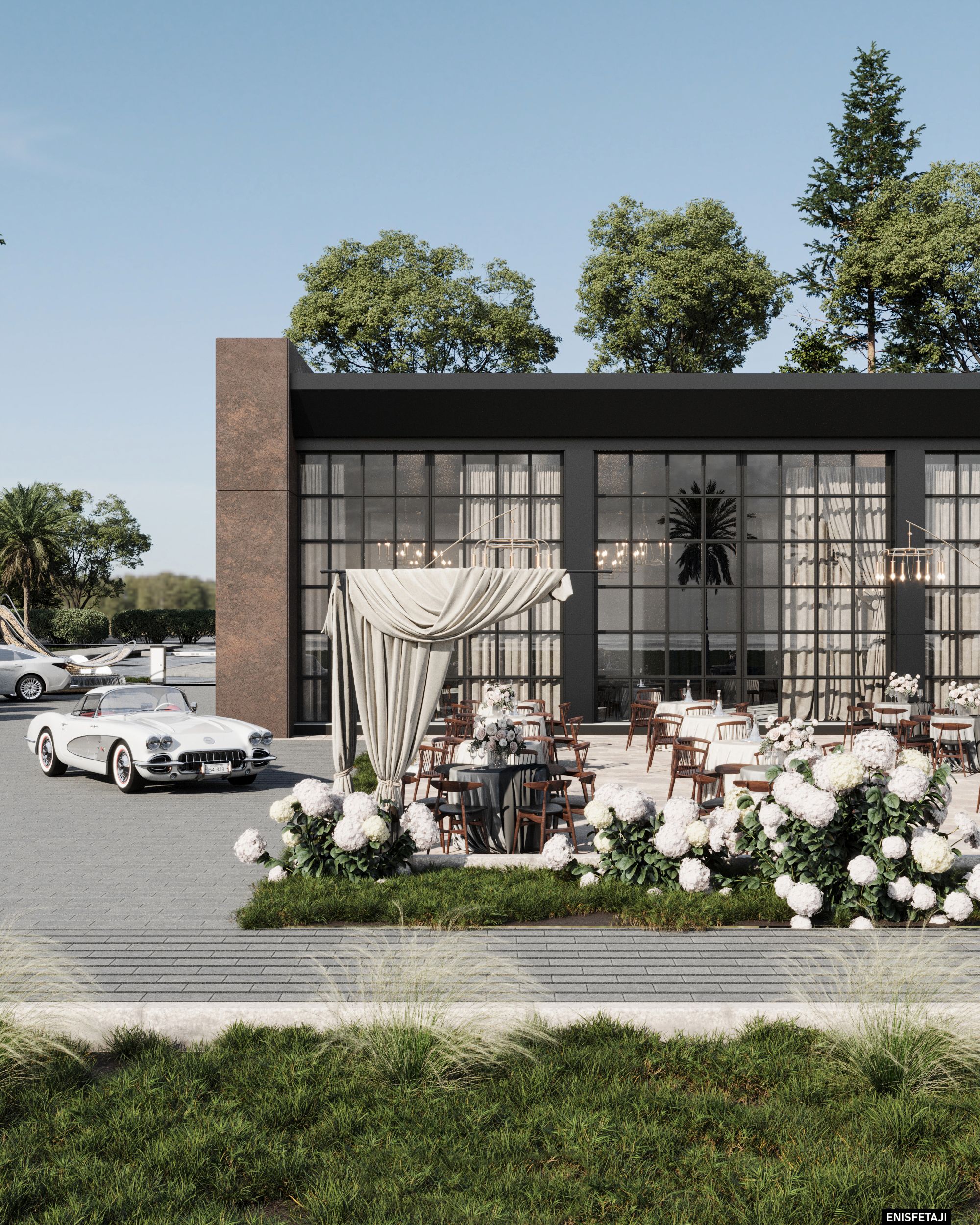 Restaurant terrace with white flowers and dining tables, Struga