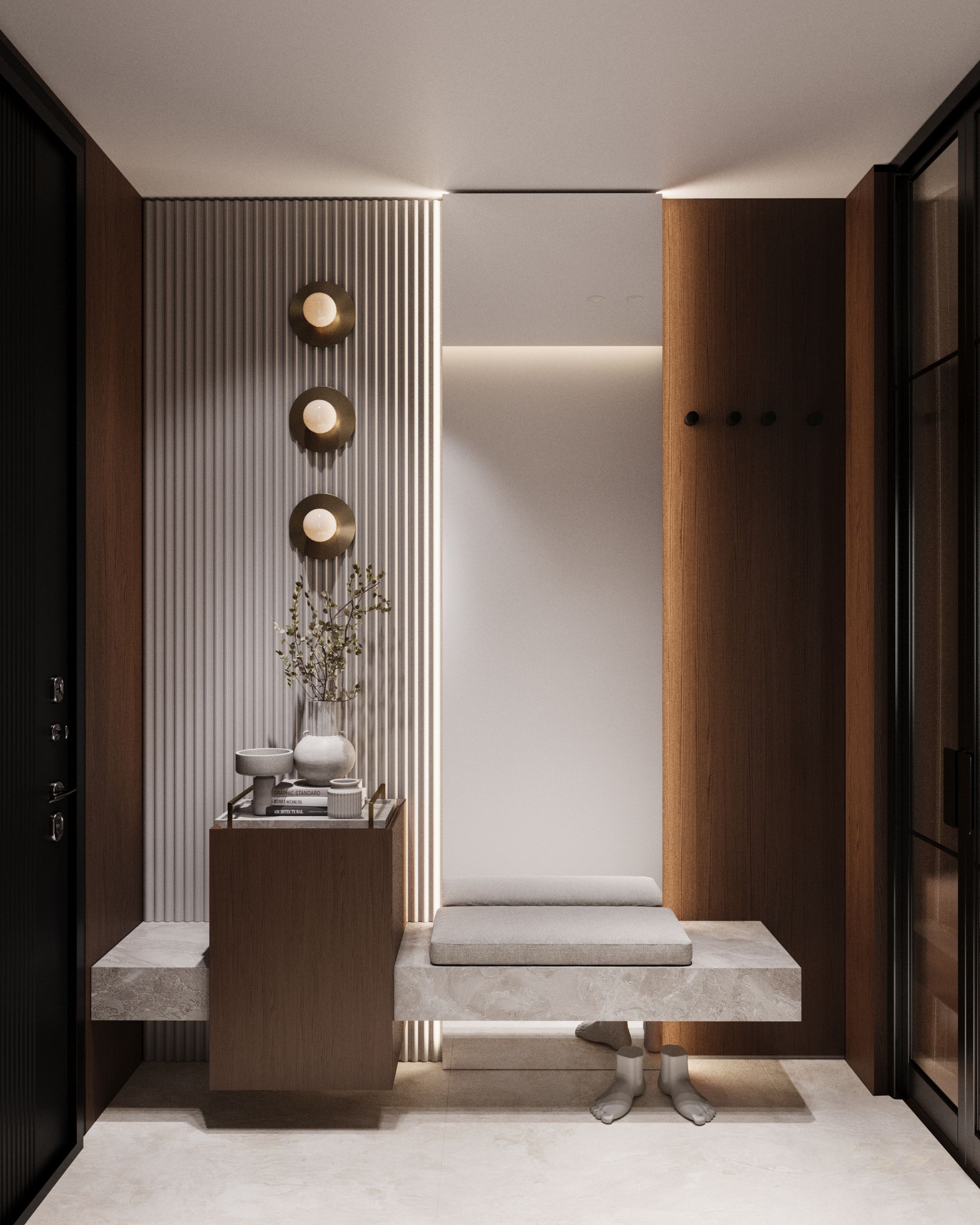 Entrance hall with bench, wall lights and fluted panel, Shega19 house in Tetovo